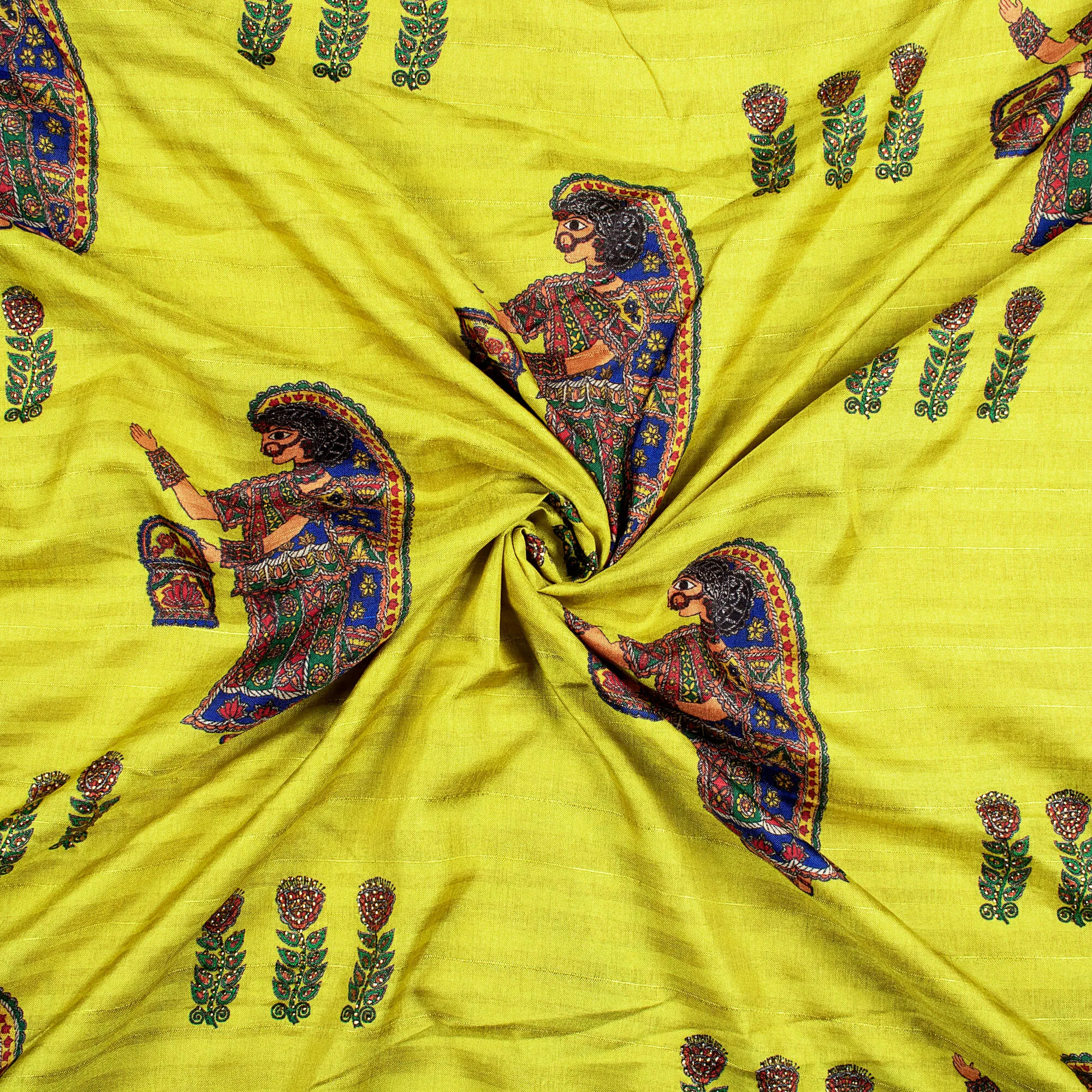 Lemon Yellow And Royal Blue Madhuvanii Pattern Digital Print Premium Swarovski Hand Work Art Tussar Silk Fabric