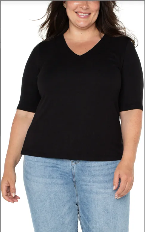 Liverpool Double Layer V-Neck  1/2 Sleeve Rib Knit Top