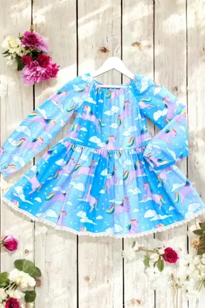 Long Sleeve Vintage Seaside Dress | Rainbow Unicorns | Sz 6
