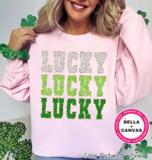Lucky Faux Chenille Patch St Patricks Day Tee or Sweatshirt