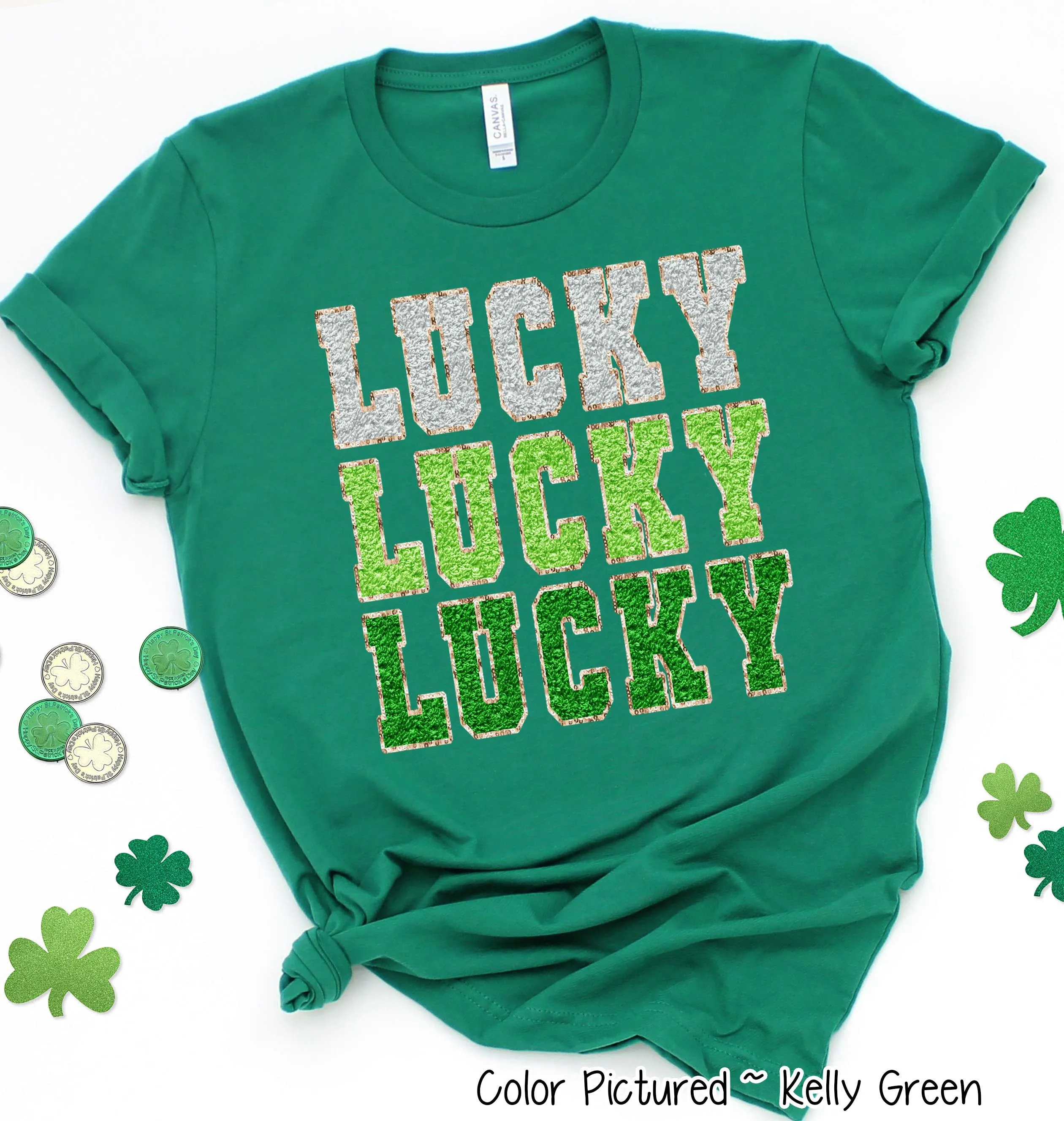 Lucky Faux Chenille Patch St Patricks Day Tee or Sweatshirt