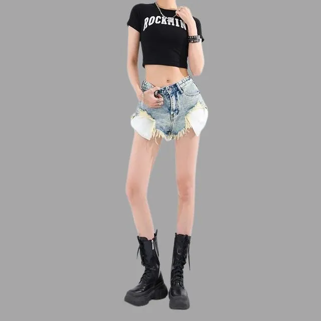 Lunaa - Washed denim shorts with fringe details