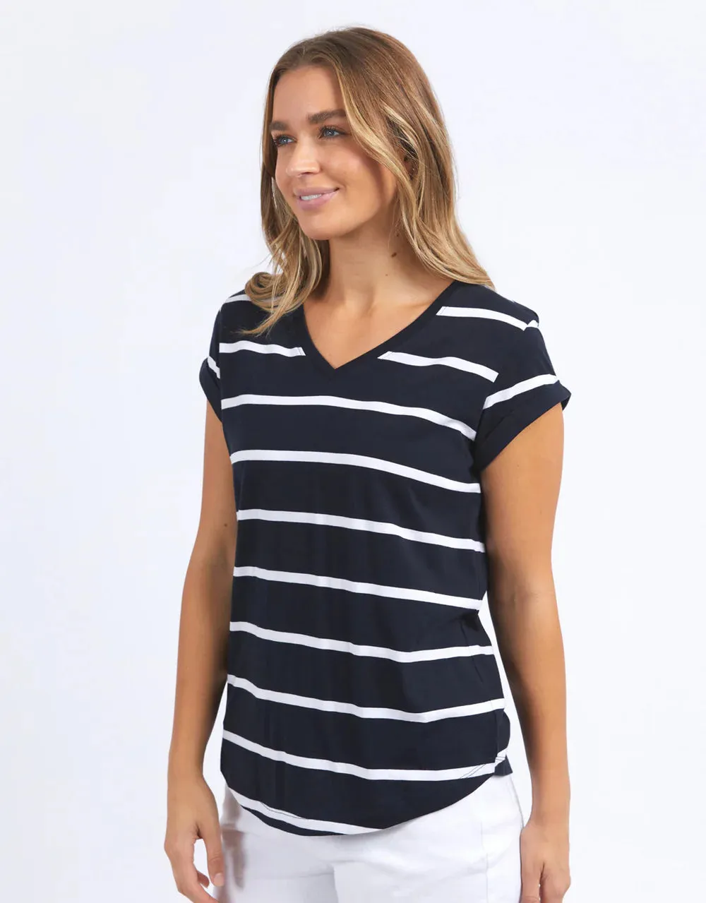 MANLY STRIPE VEE TEE - NAVY