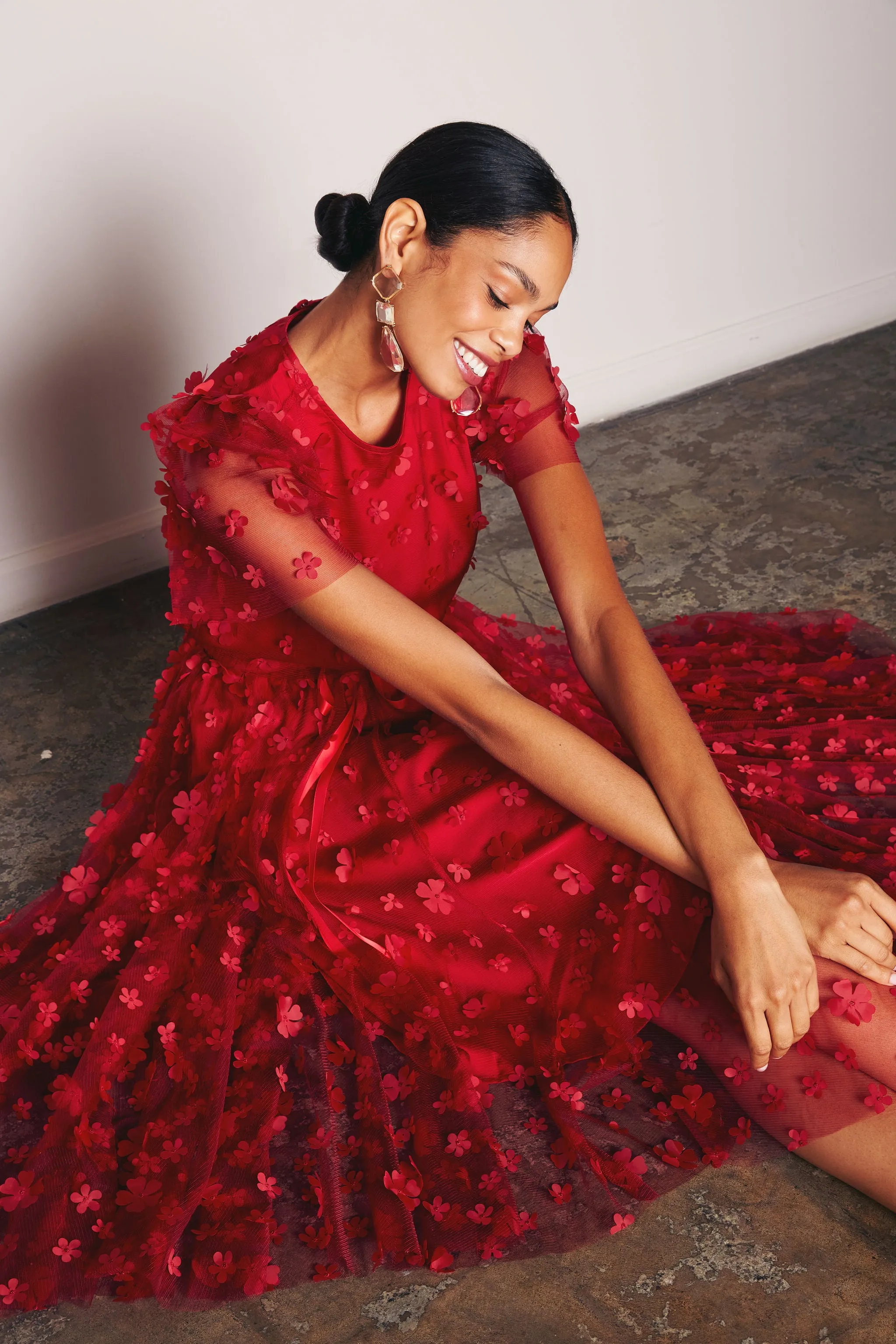 Marty Top Red Floral Applique Tulle