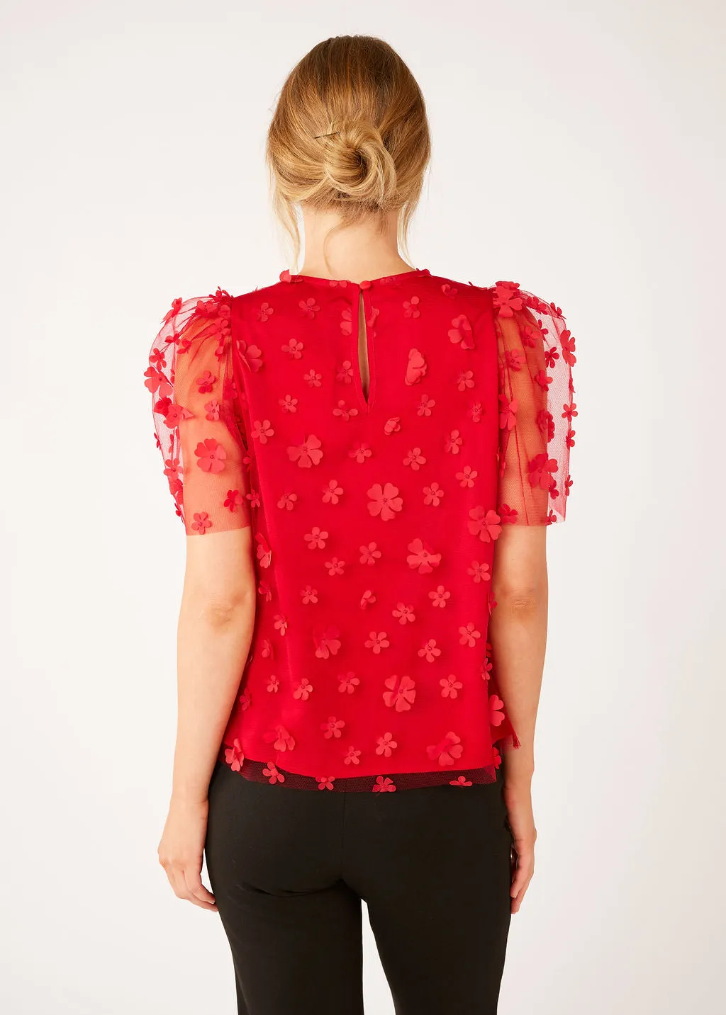 Marty Top Red Floral Applique Tulle