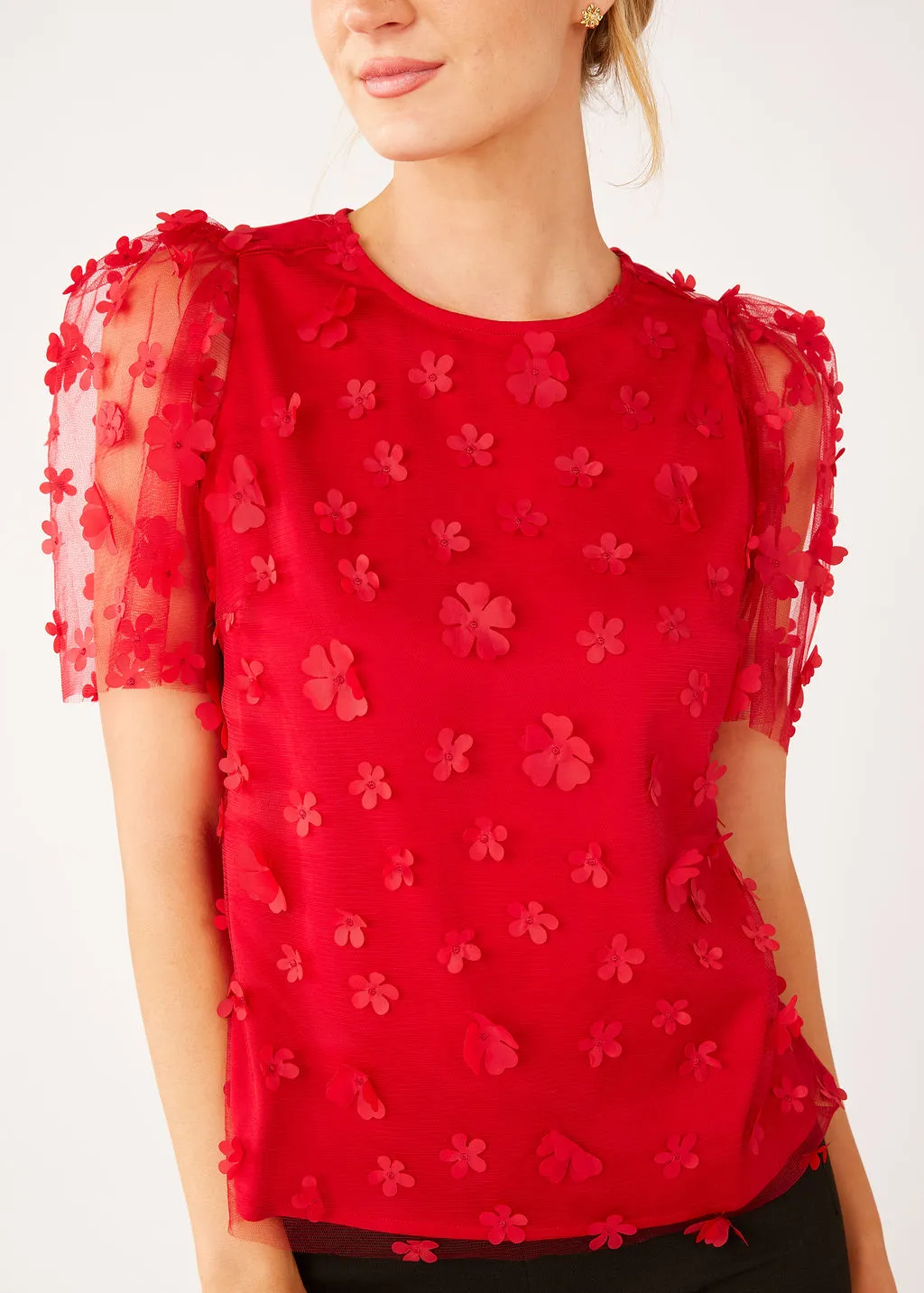 Marty Top Red Floral Applique Tulle