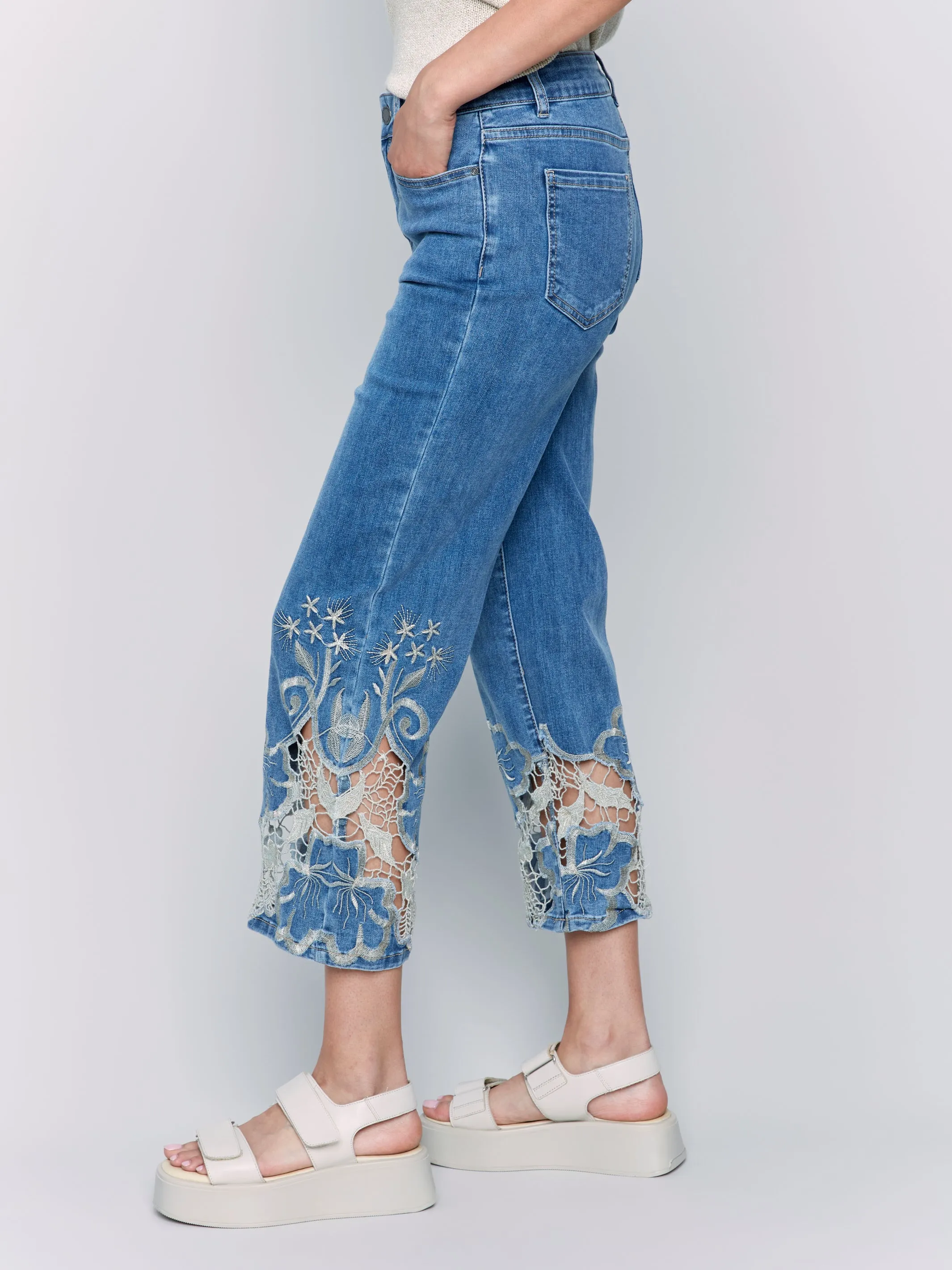 Medium Blue Gold Lace Flare Leg Jeans