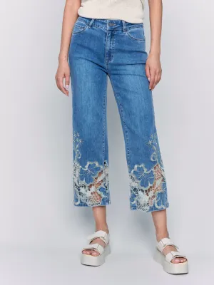 Medium Blue Gold Lace Flare Leg Jeans