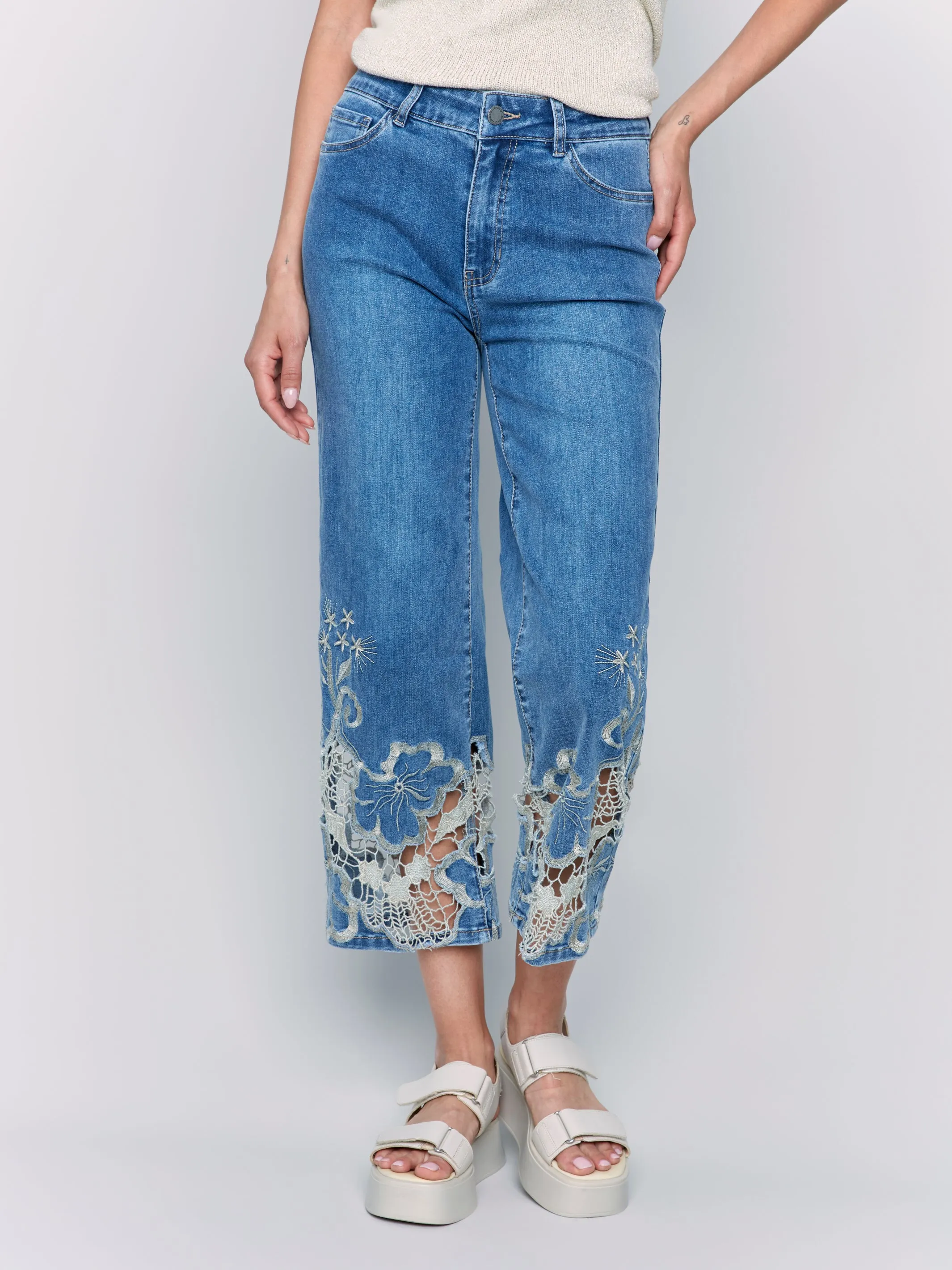 Medium Blue Gold Lace Flare Leg Jeans