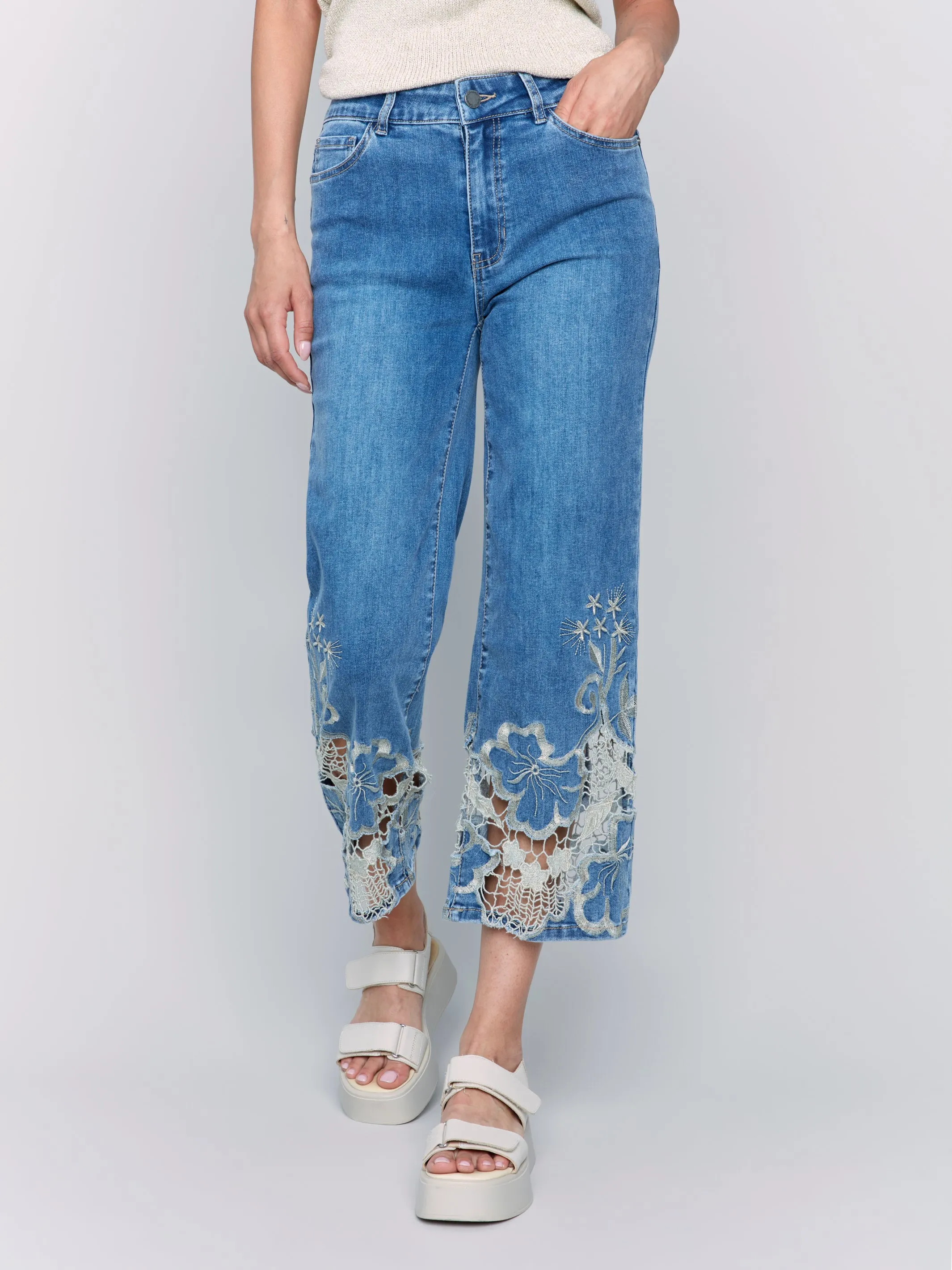 Medium Blue Gold Lace Flare Leg Jeans