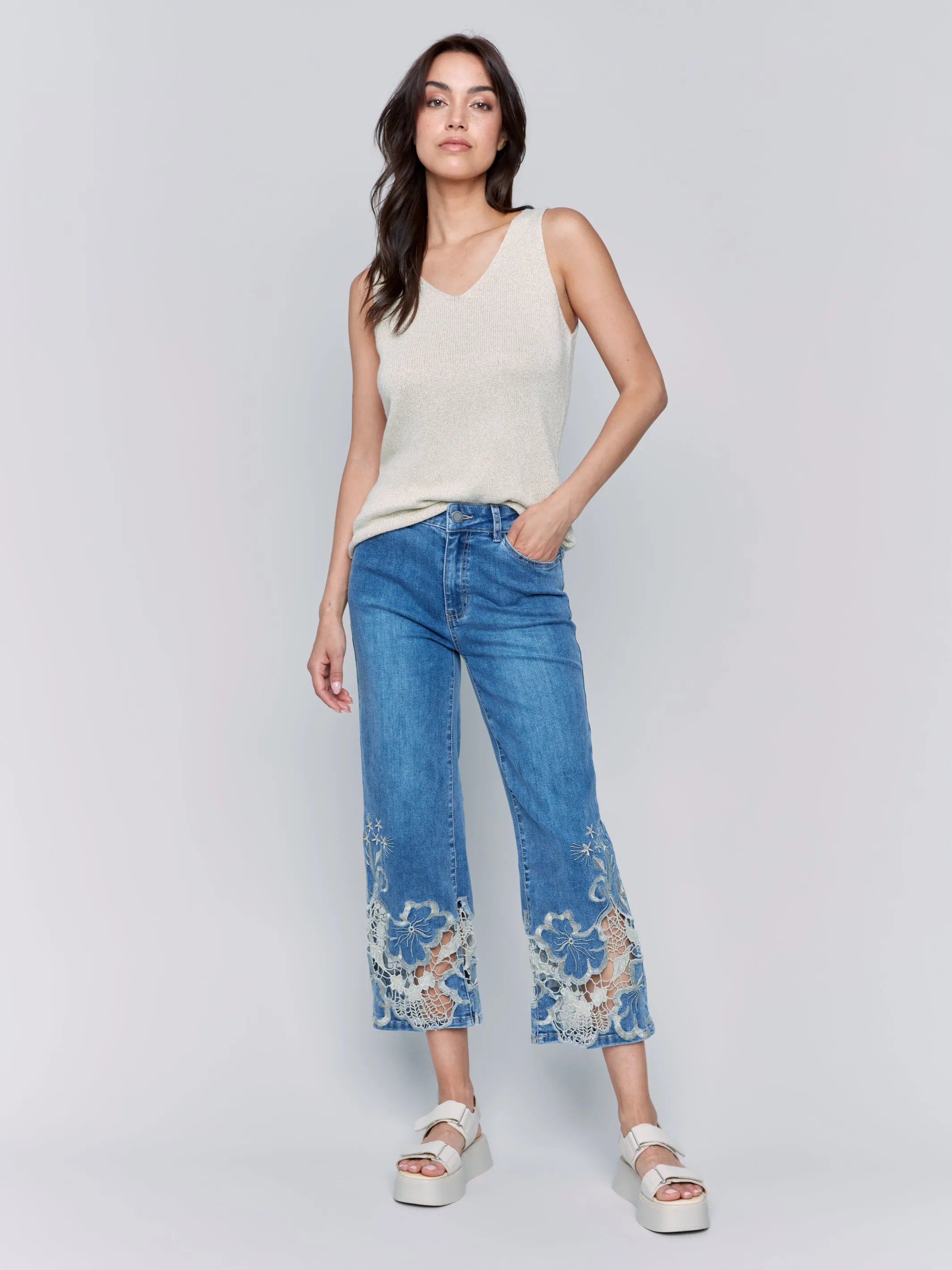 Medium Blue Gold Lace Flare Leg Jeans
