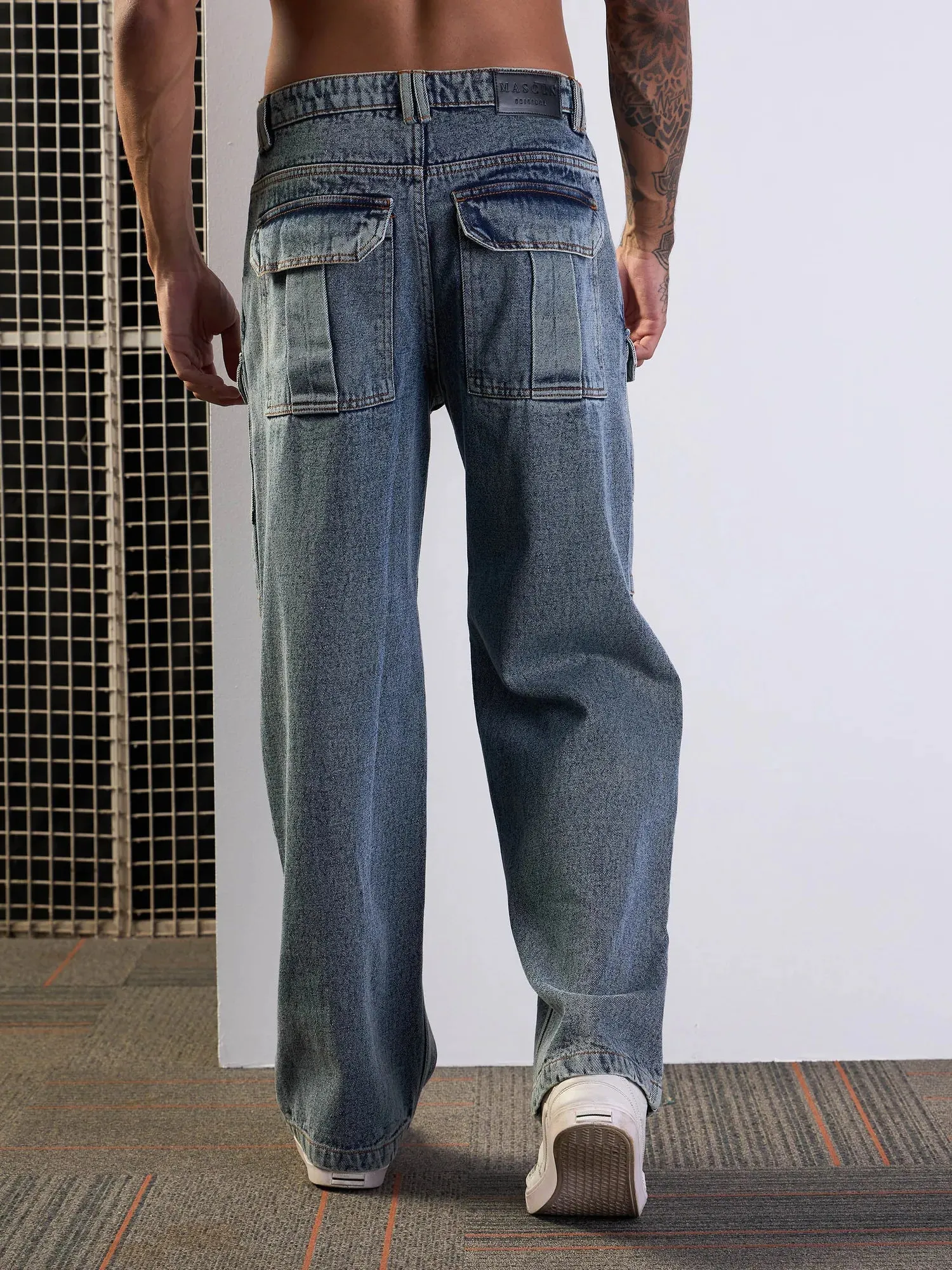 Men Blue Washed Side Pocket Baggy Cargo Jeans-MSJEAN0612