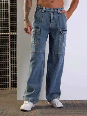 Men Blue Washed Side Pocket Baggy Cargo Jeans-MSJEAN0612