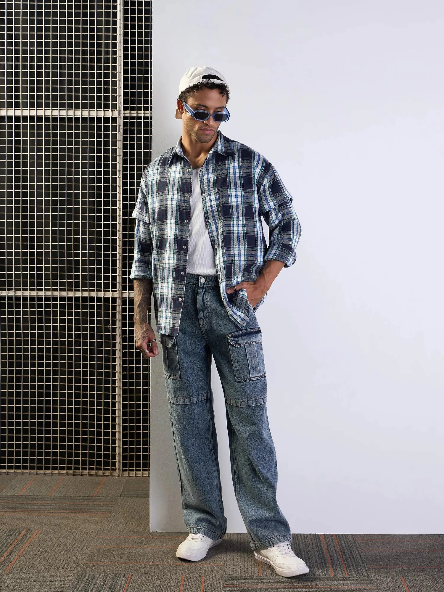 Men Blue Washed Side Pocket Baggy Cargo Jeans-MSJEAN0612