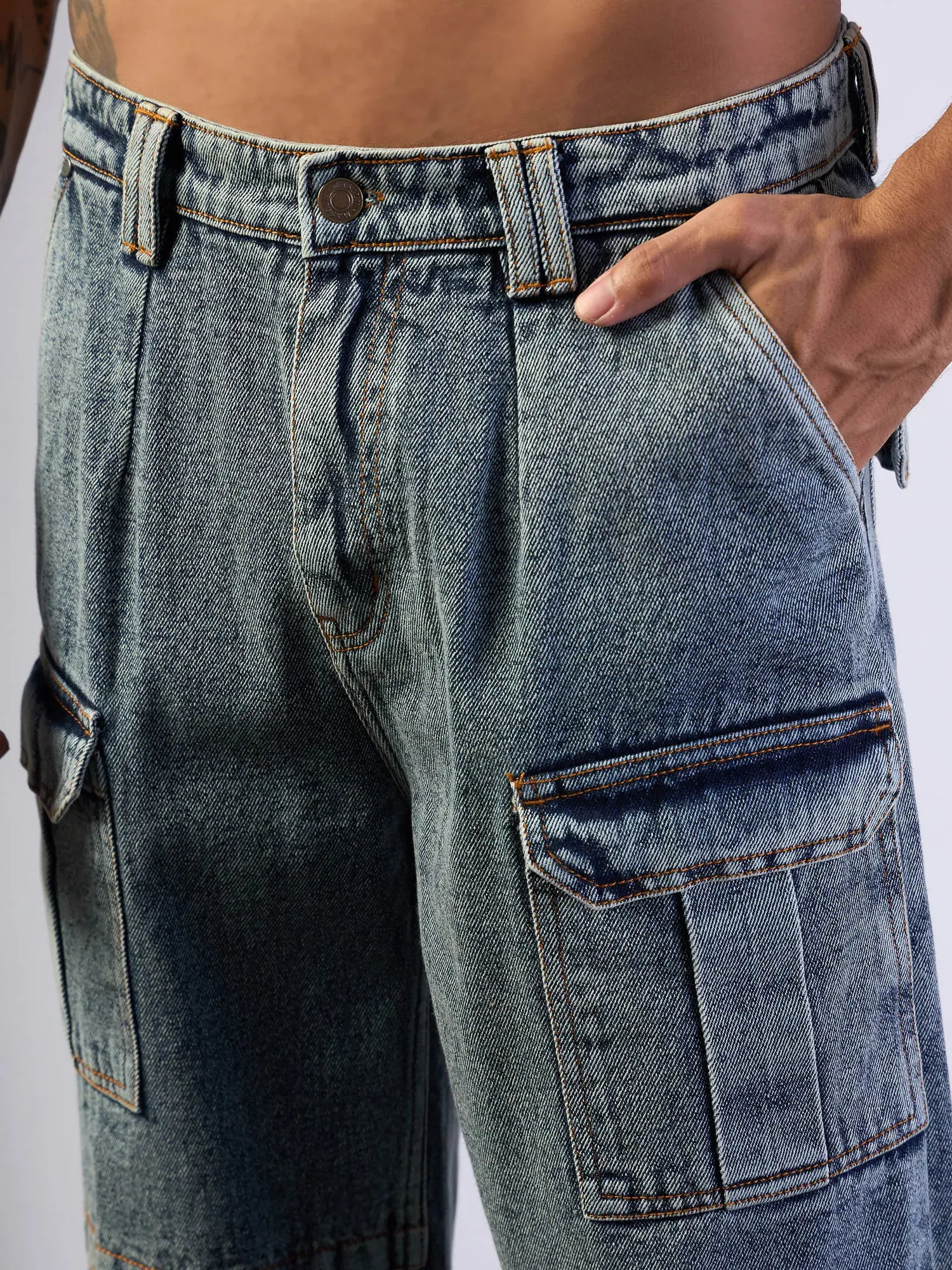 Men Blue Washed Side Pocket Baggy Cargo Jeans-MSJEAN0612