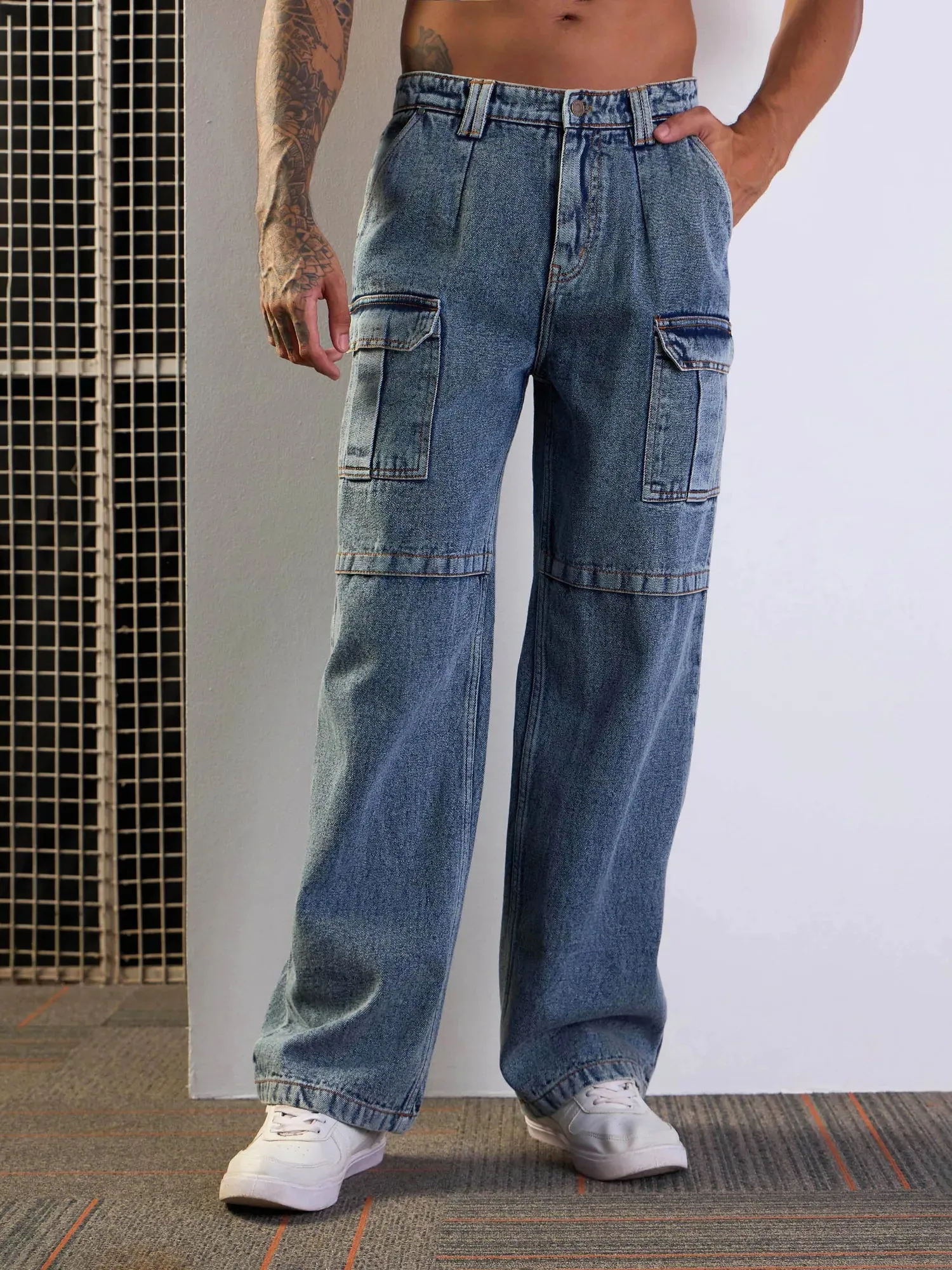 Men Blue Washed Side Pocket Baggy Cargo Jeans-MSJEAN0612