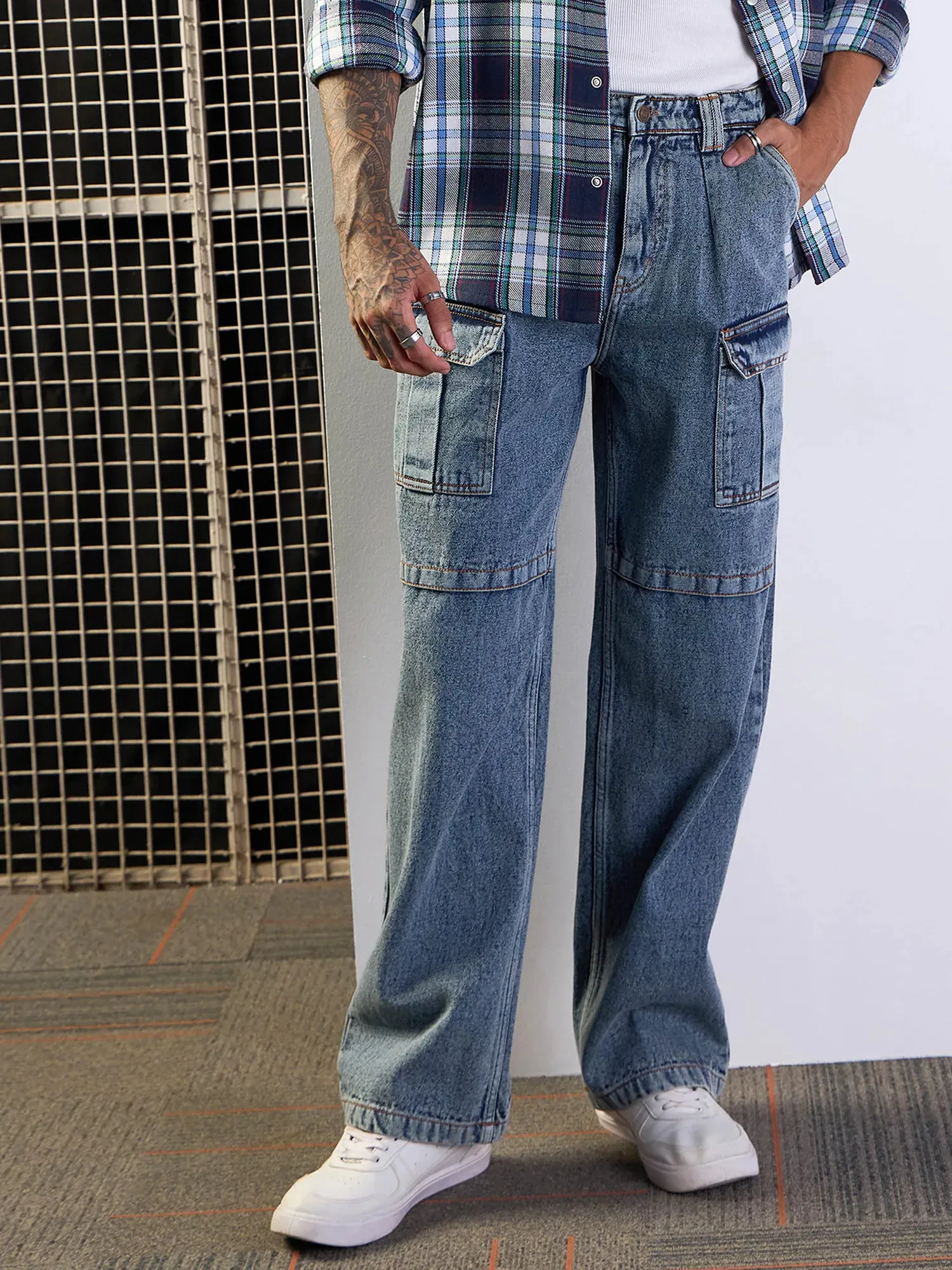 Men Blue Washed Side Pocket Baggy Cargo Jeans-MSJEAN0612