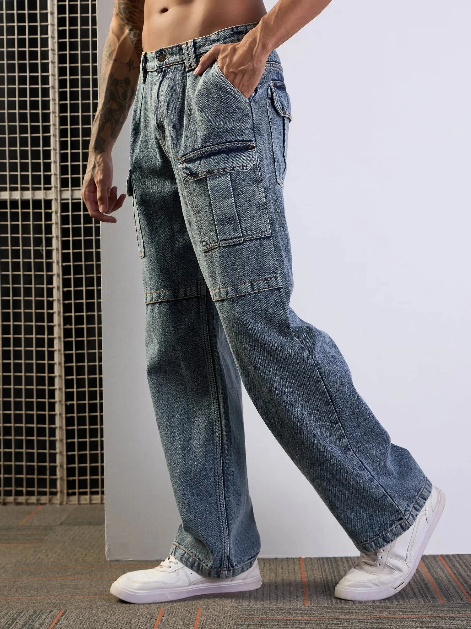 Men Blue Washed Side Pocket Baggy Cargo Jeans-MSJEAN0612