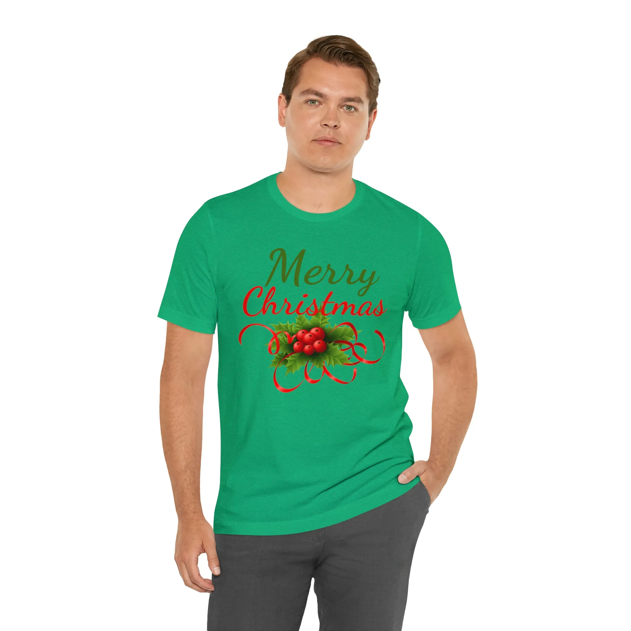 Merry Christmas Ribbon T-Shirt | Festive XMas Tee |  Bella Canvas 3001 Unisex | Happy Holidays Short Sleeve T-Shirt