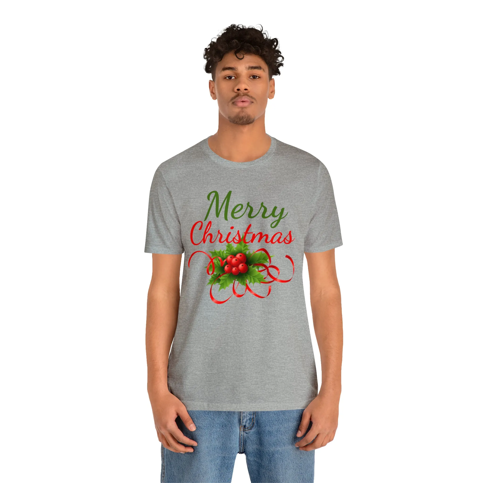 Merry Christmas Ribbon T-Shirt | Festive XMas Tee |  Bella Canvas 3001 Unisex | Happy Holidays Short Sleeve T-Shirt