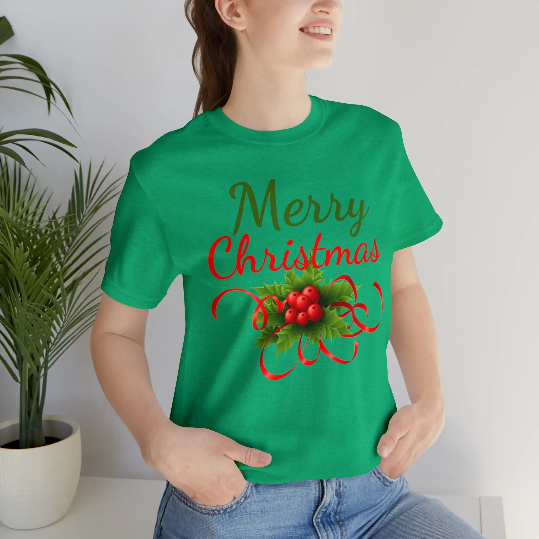 Merry Christmas Ribbon T-Shirt | Festive XMas Tee |  Bella Canvas 3001 Unisex | Happy Holidays Short Sleeve T-Shirt
