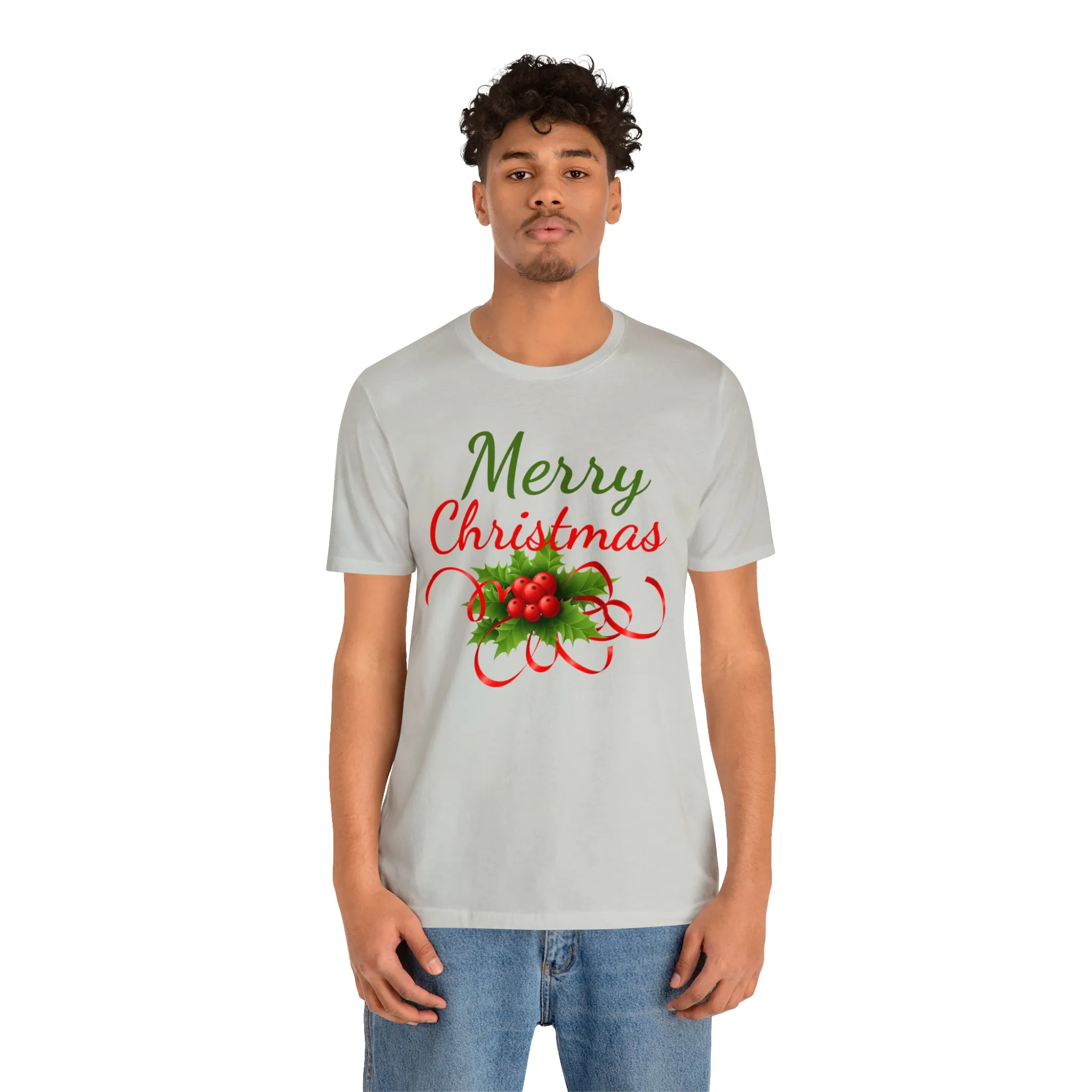 Merry Christmas Ribbon T-Shirt | Festive XMas Tee |  Bella Canvas 3001 Unisex | Happy Holidays Short Sleeve T-Shirt