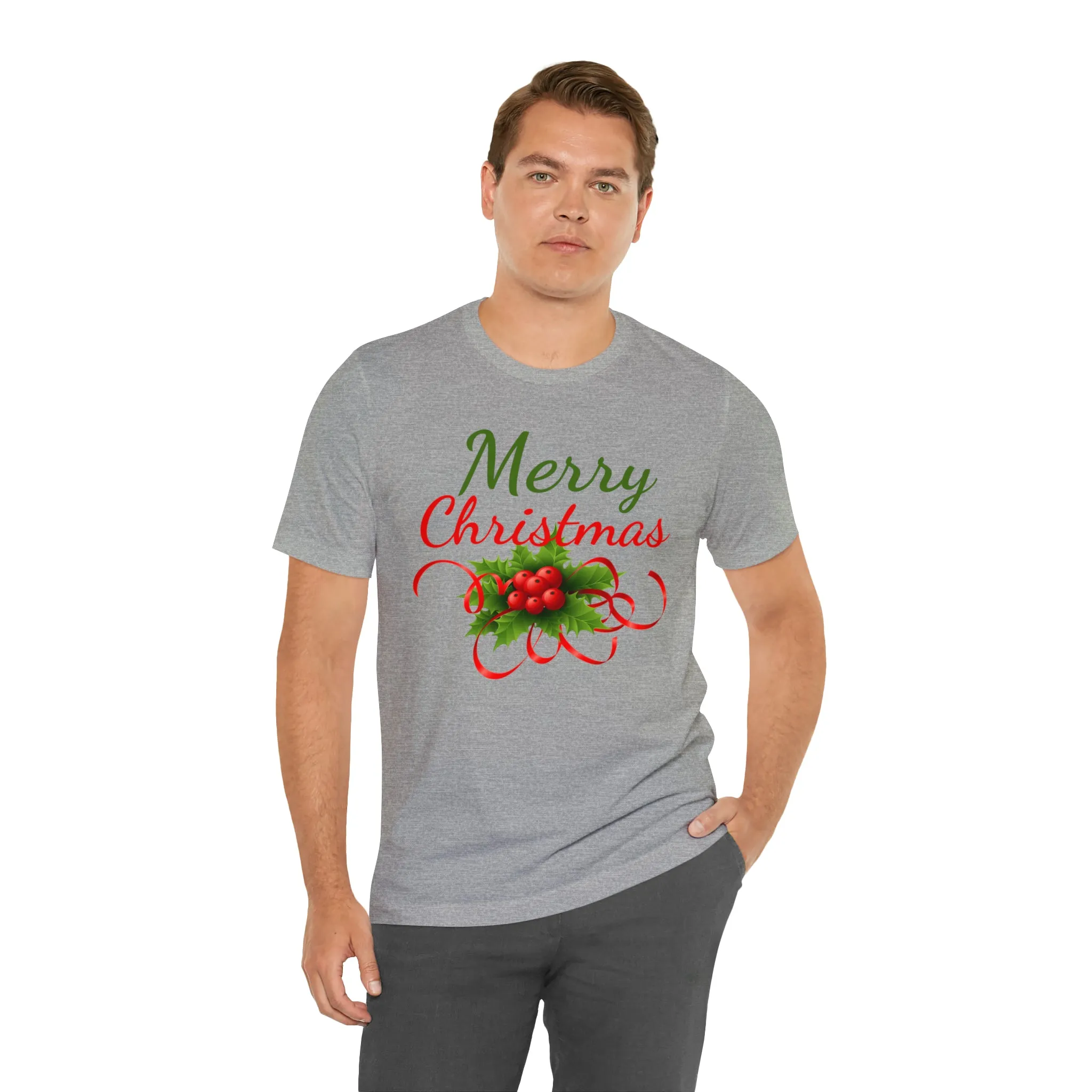 Merry Christmas Ribbon T-Shirt | Festive XMas Tee |  Bella Canvas 3001 Unisex | Happy Holidays Short Sleeve T-Shirt