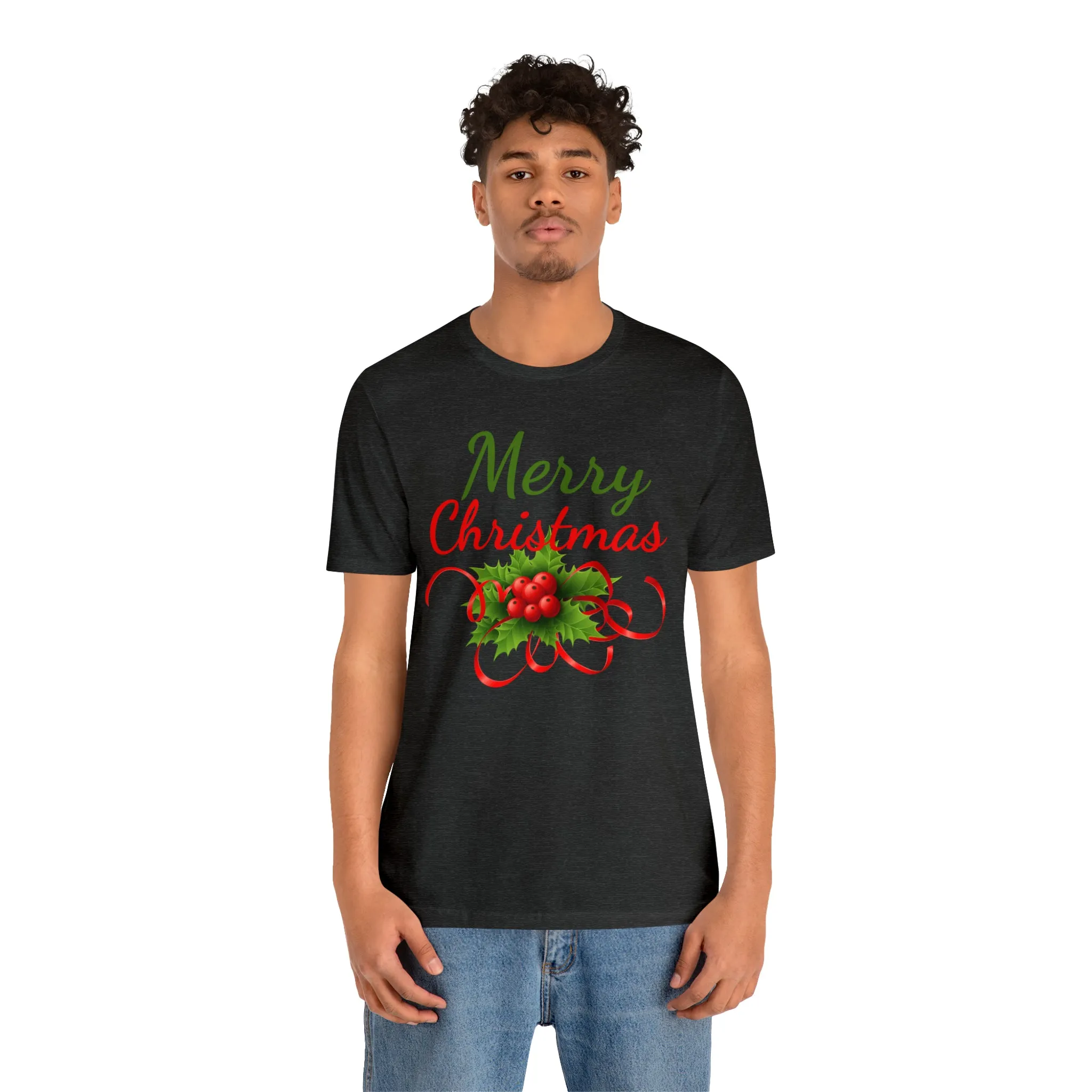 Merry Christmas Ribbon T-Shirt | Festive XMas Tee |  Bella Canvas 3001 Unisex | Happy Holidays Short Sleeve T-Shirt