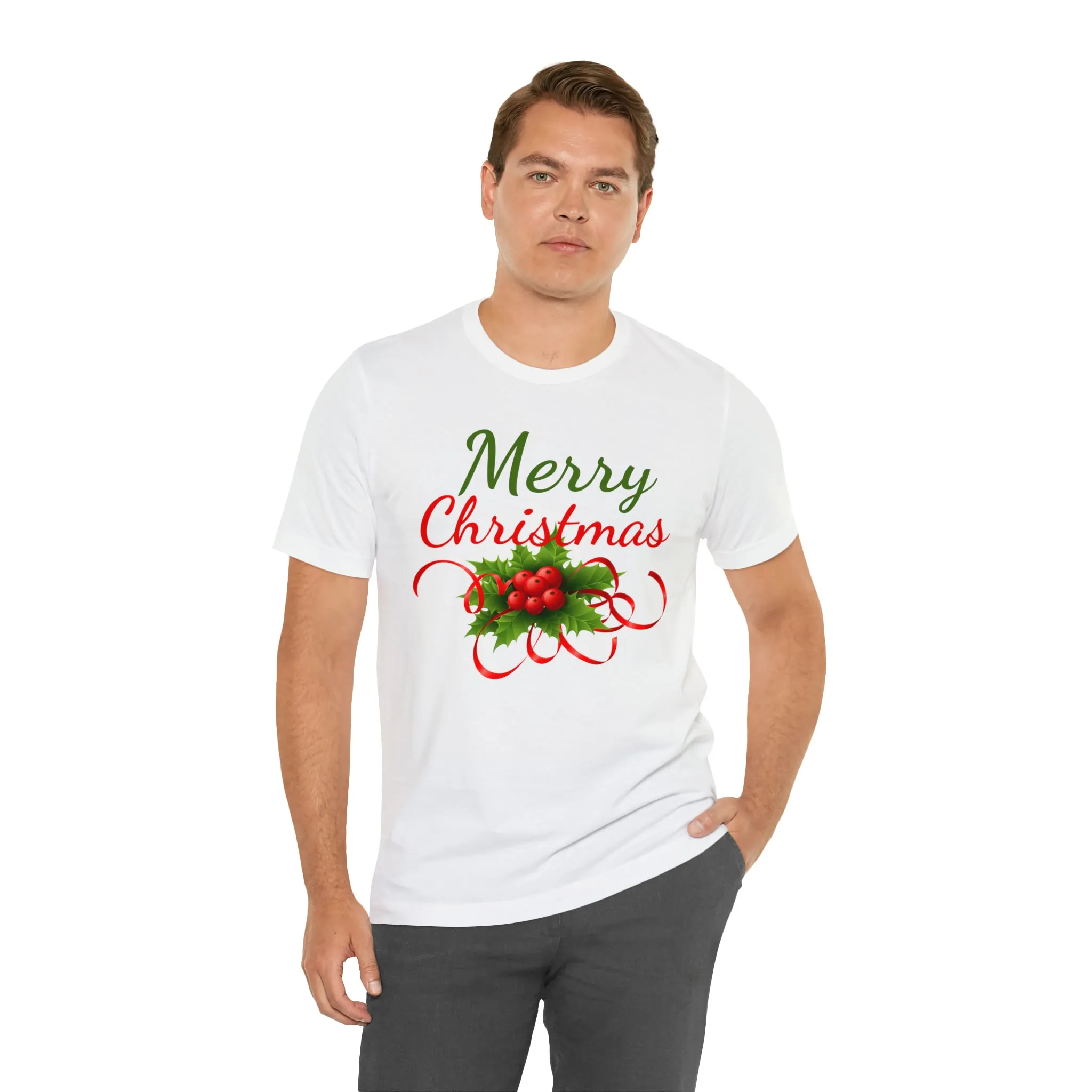 Merry Christmas Ribbon T-Shirt | Festive XMas Tee |  Bella Canvas 3001 Unisex | Happy Holidays Short Sleeve T-Shirt