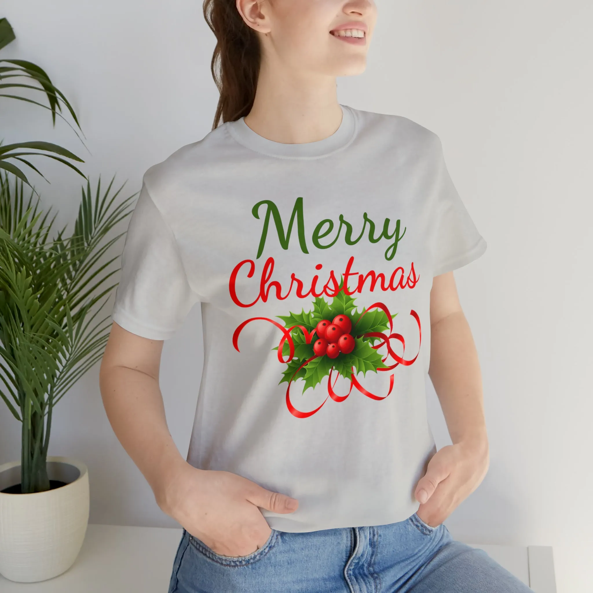 Merry Christmas Ribbon T-Shirt | Festive XMas Tee |  Bella Canvas 3001 Unisex | Happy Holidays Short Sleeve T-Shirt