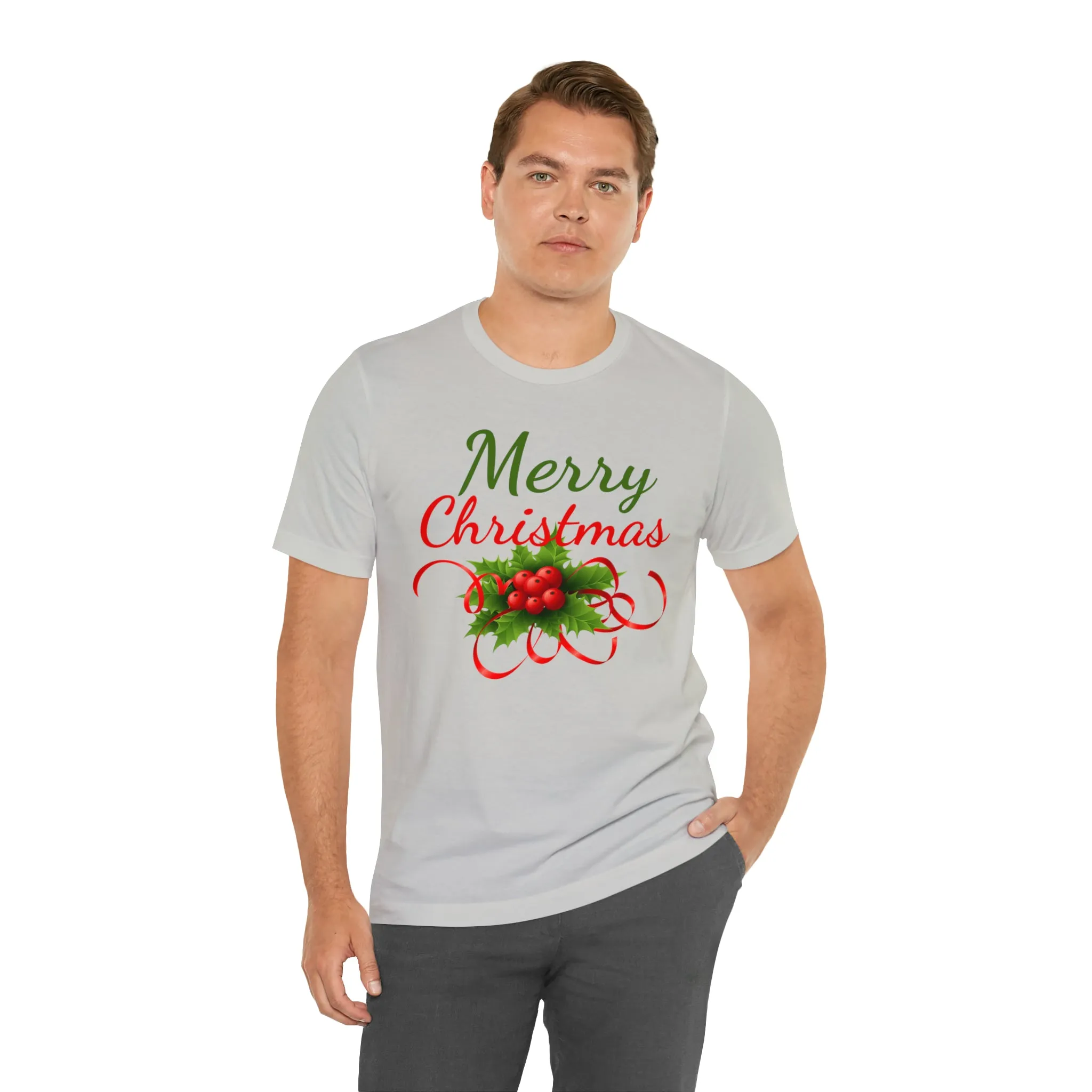 Merry Christmas Ribbon T-Shirt | Festive XMas Tee |  Bella Canvas 3001 Unisex | Happy Holidays Short Sleeve T-Shirt