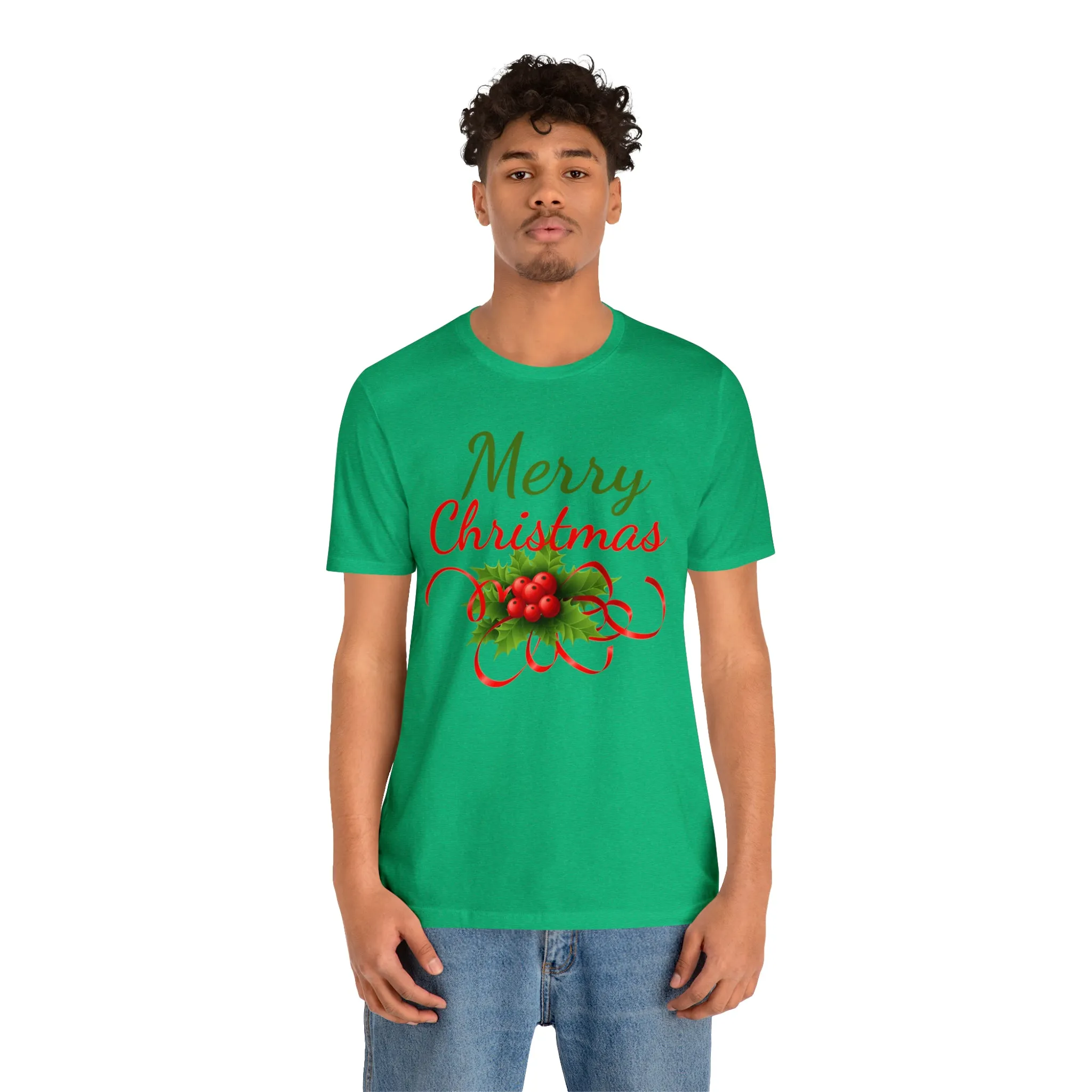 Merry Christmas Ribbon T-Shirt | Festive XMas Tee |  Bella Canvas 3001 Unisex | Happy Holidays Short Sleeve T-Shirt