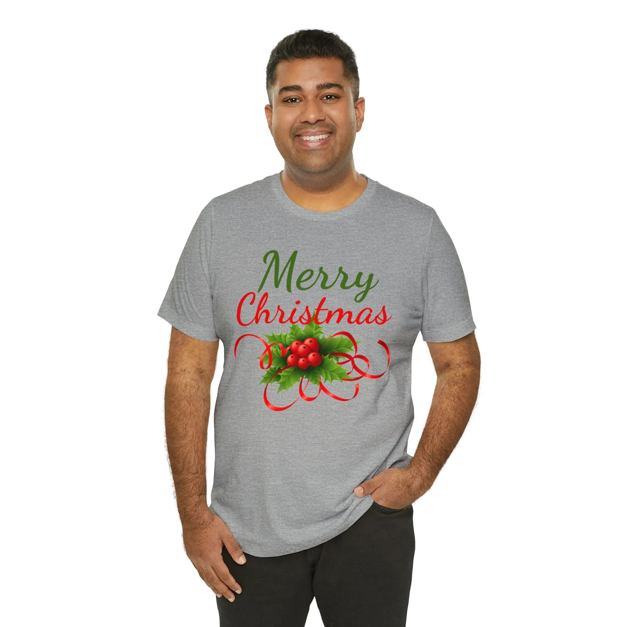 Merry Christmas Ribbon T-Shirt | Festive XMas Tee |  Bella Canvas 3001 Unisex | Happy Holidays Short Sleeve T-Shirt