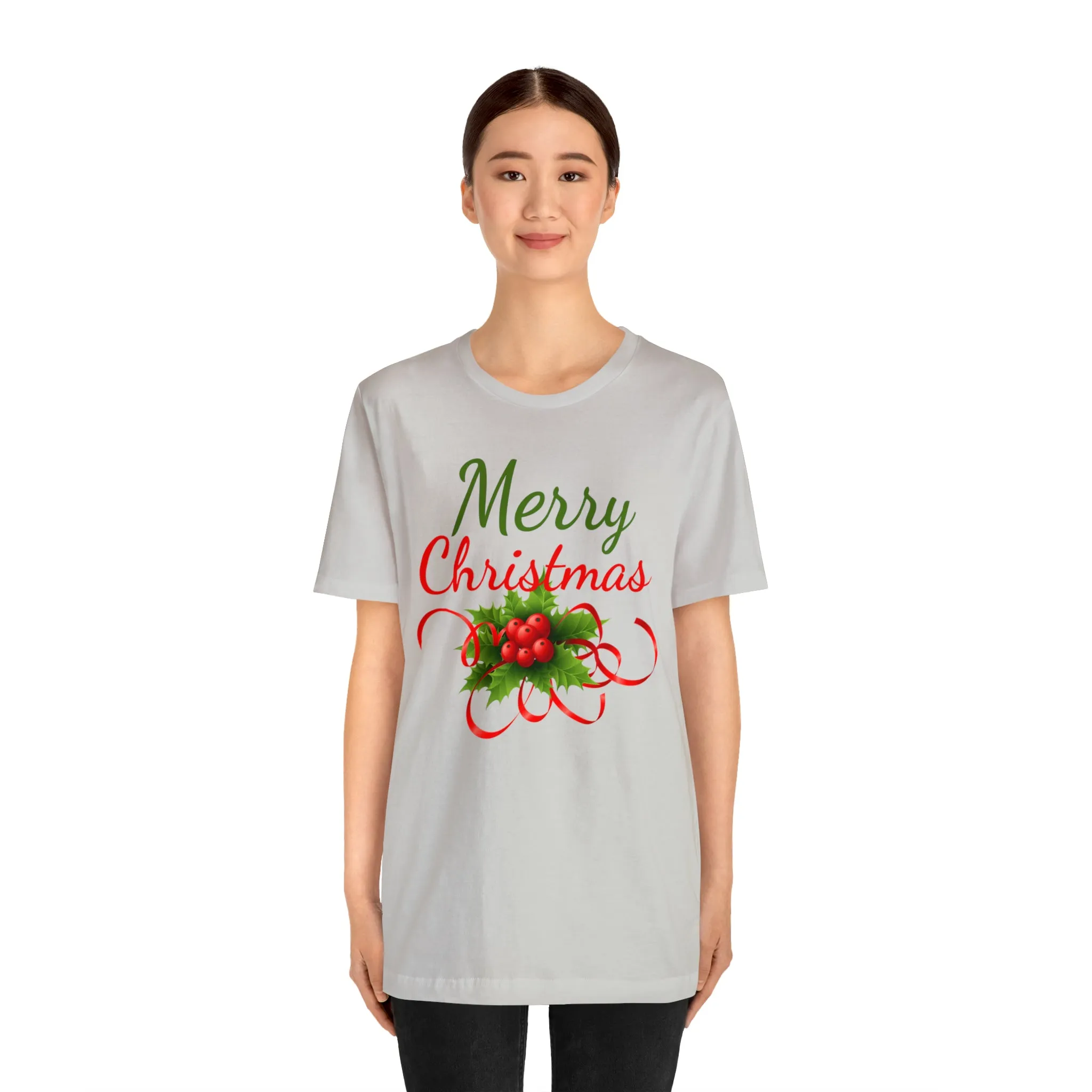 Merry Christmas Ribbon T-Shirt | Festive XMas Tee |  Bella Canvas 3001 Unisex | Happy Holidays Short Sleeve T-Shirt