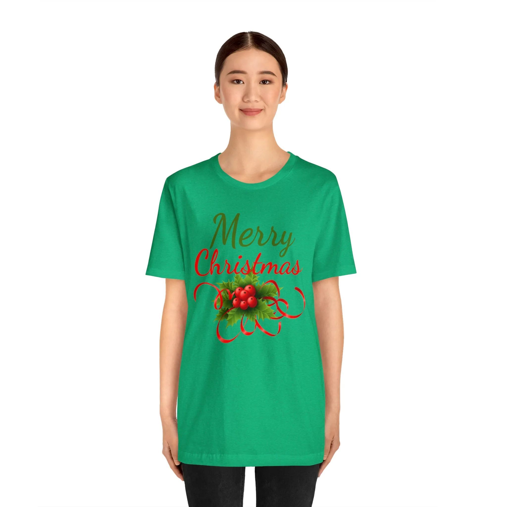 Merry Christmas Ribbon T-Shirt | Festive XMas Tee |  Bella Canvas 3001 Unisex | Happy Holidays Short Sleeve T-Shirt