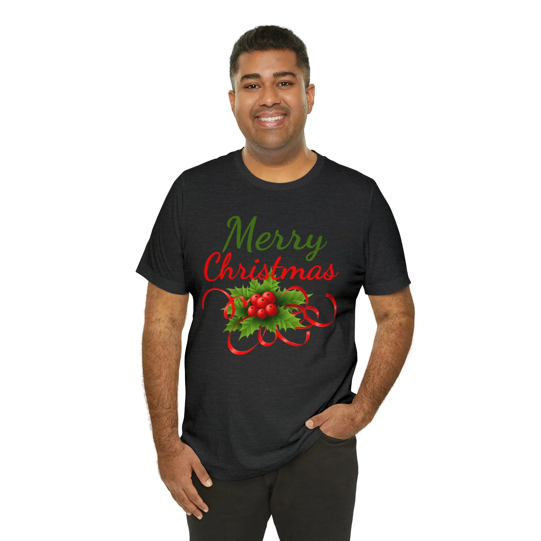 Merry Christmas Ribbon T-Shirt | Festive XMas Tee |  Bella Canvas 3001 Unisex | Happy Holidays Short Sleeve T-Shirt