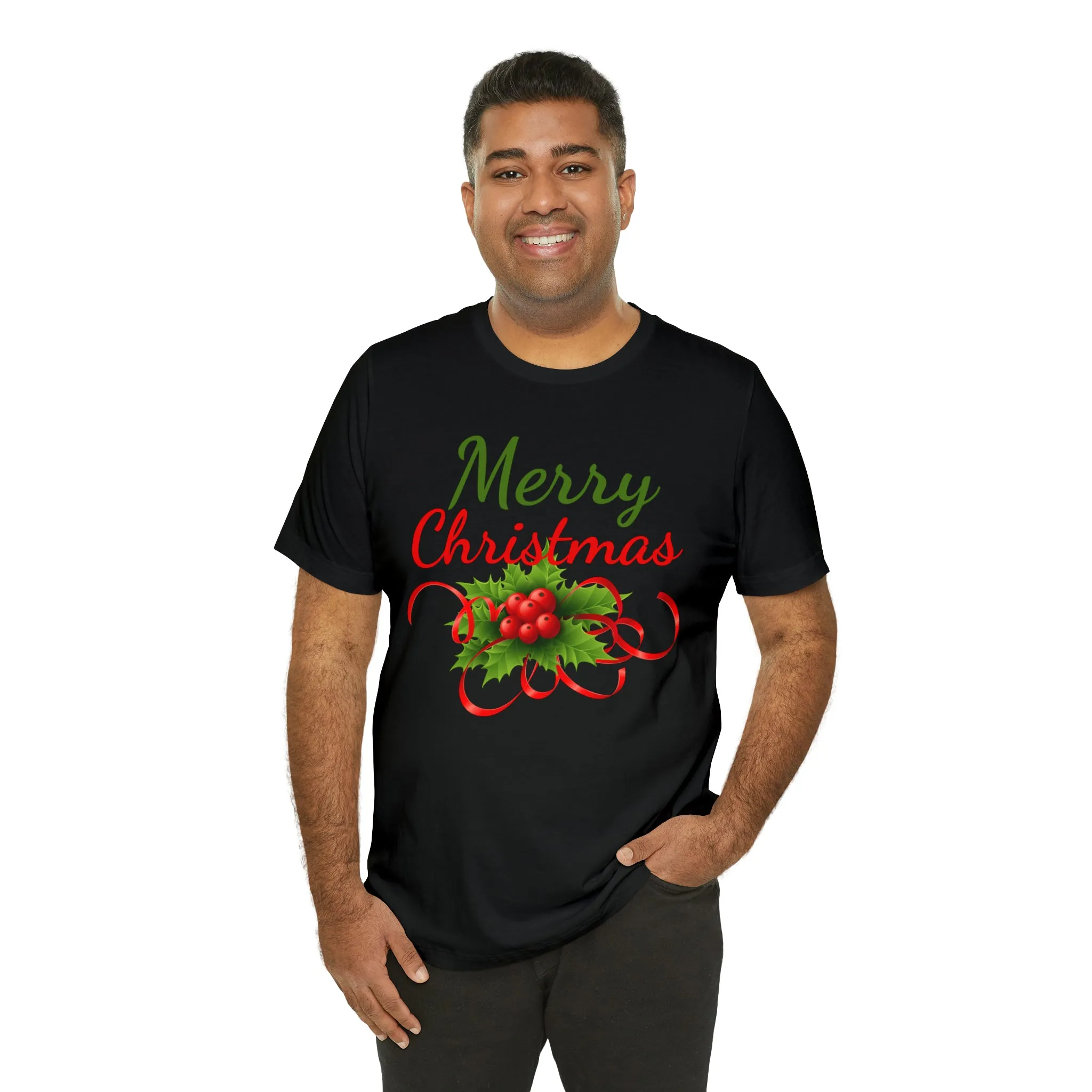 Merry Christmas Ribbon T-Shirt | Festive XMas Tee |  Bella Canvas 3001 Unisex | Happy Holidays Short Sleeve T-Shirt