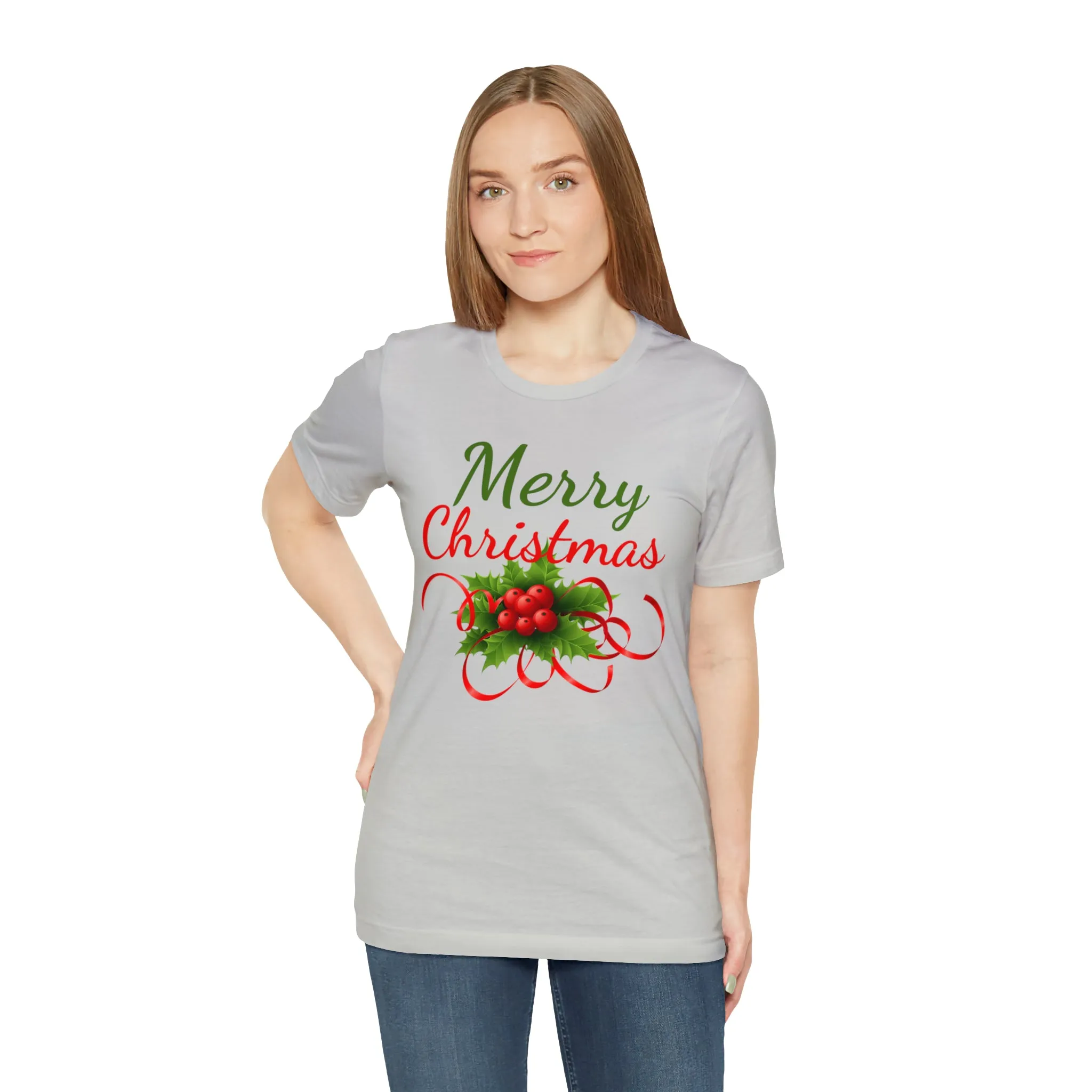 Merry Christmas Ribbon T-Shirt | Festive XMas Tee |  Bella Canvas 3001 Unisex | Happy Holidays Short Sleeve T-Shirt