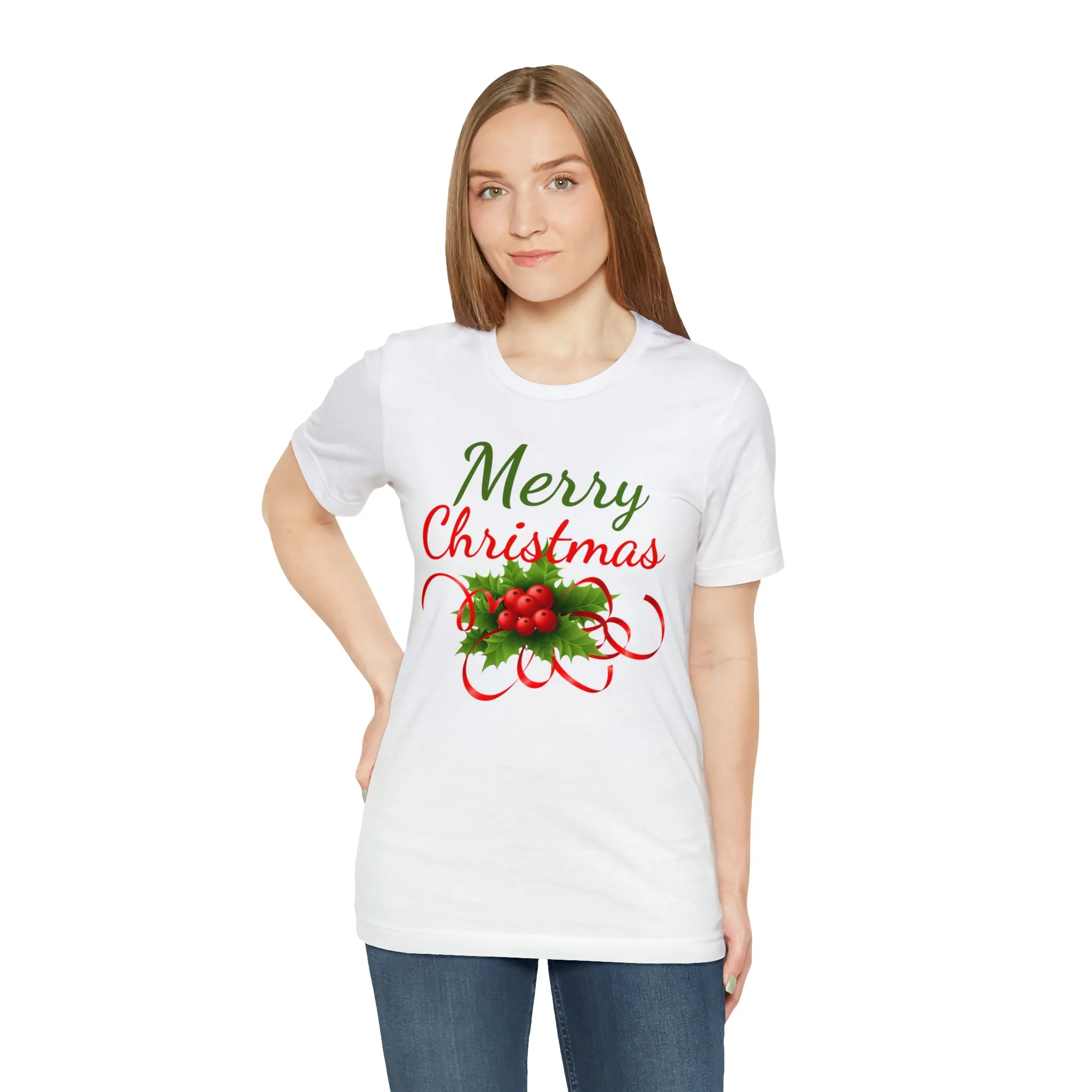 Merry Christmas Ribbon T-Shirt | Festive XMas Tee |  Bella Canvas 3001 Unisex | Happy Holidays Short Sleeve T-Shirt