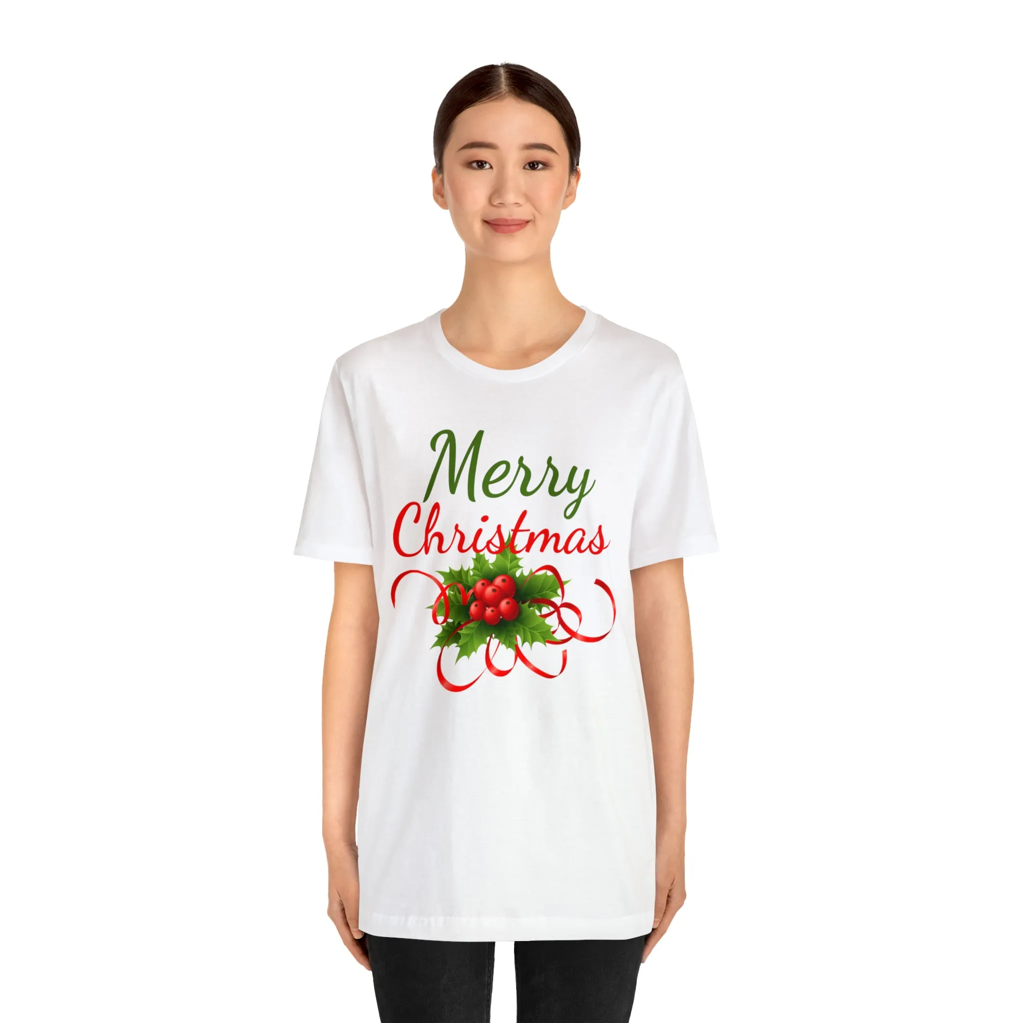 Merry Christmas Ribbon T-Shirt | Festive XMas Tee |  Bella Canvas 3001 Unisex | Happy Holidays Short Sleeve T-Shirt