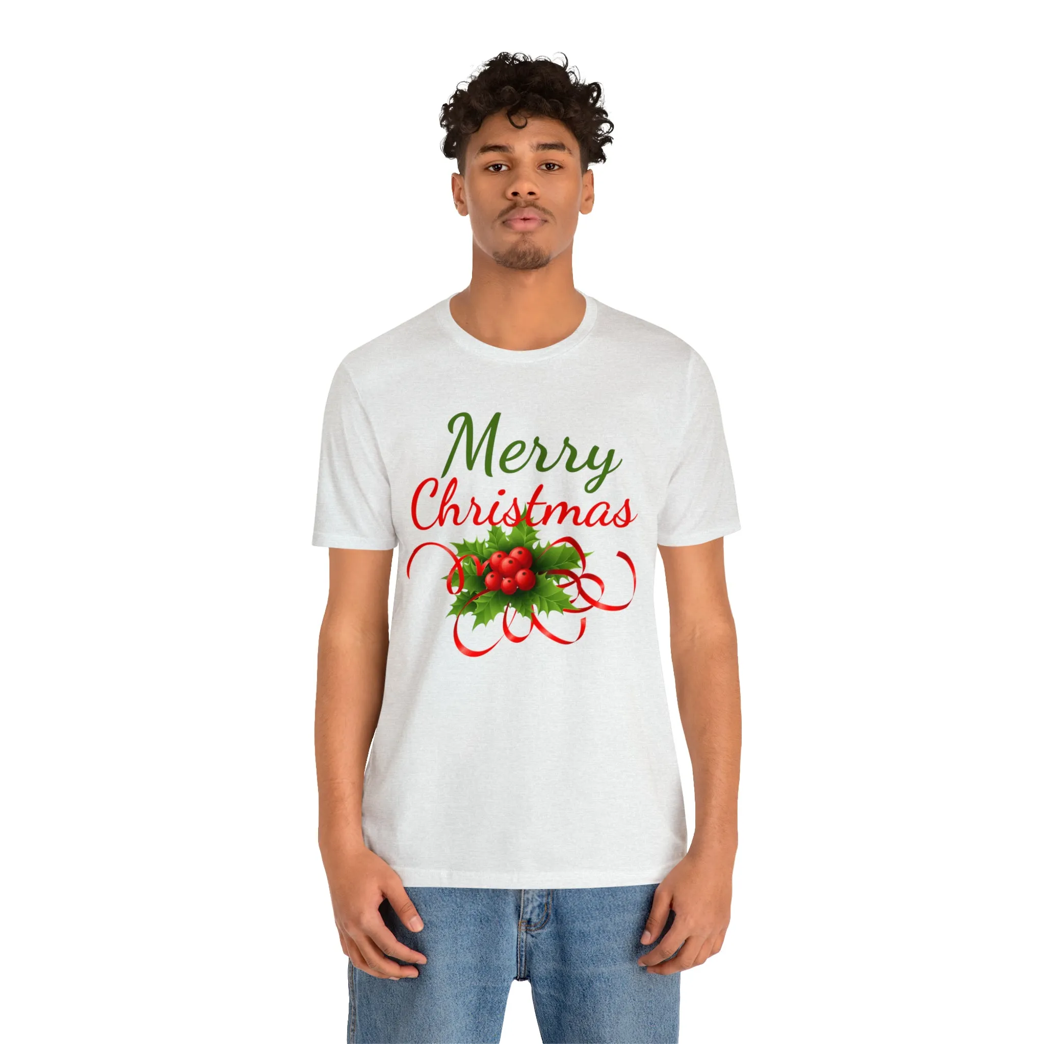 Merry Christmas Ribbon T-Shirt | Festive XMas Tee |  Bella Canvas 3001 Unisex | Happy Holidays Short Sleeve T-Shirt