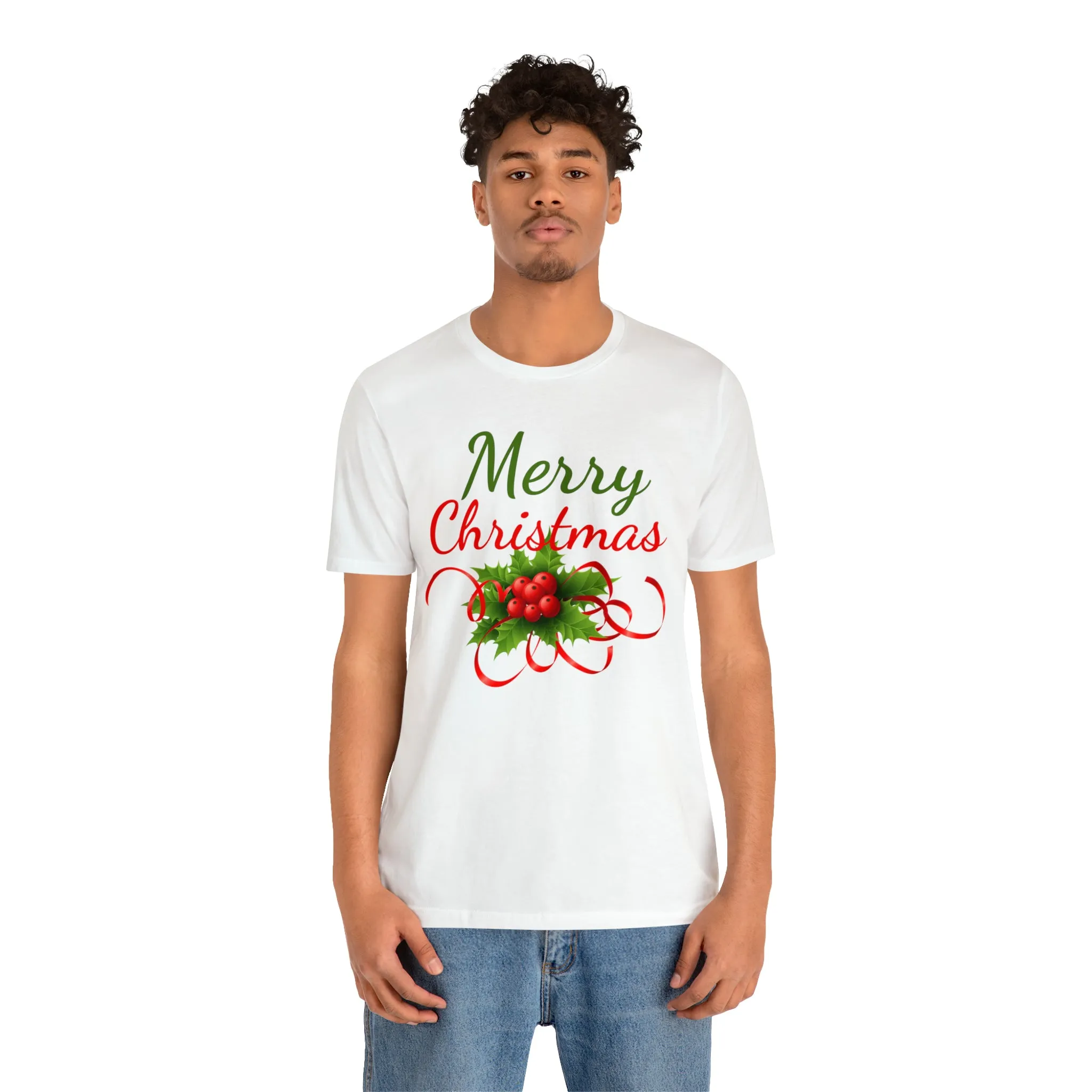 Merry Christmas Ribbon T-Shirt | Festive XMas Tee |  Bella Canvas 3001 Unisex | Happy Holidays Short Sleeve T-Shirt