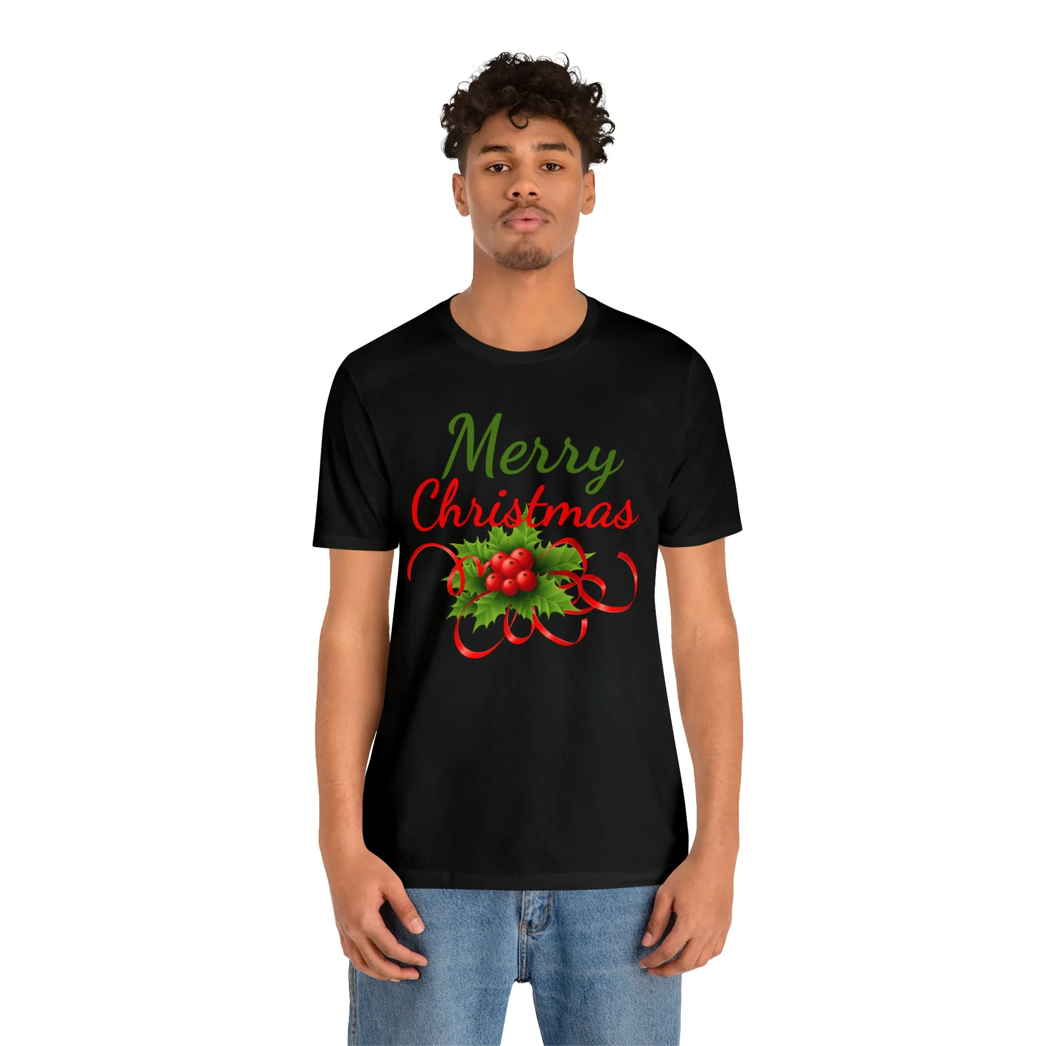 Merry Christmas Ribbon T-Shirt | Festive XMas Tee |  Bella Canvas 3001 Unisex | Happy Holidays Short Sleeve T-Shirt