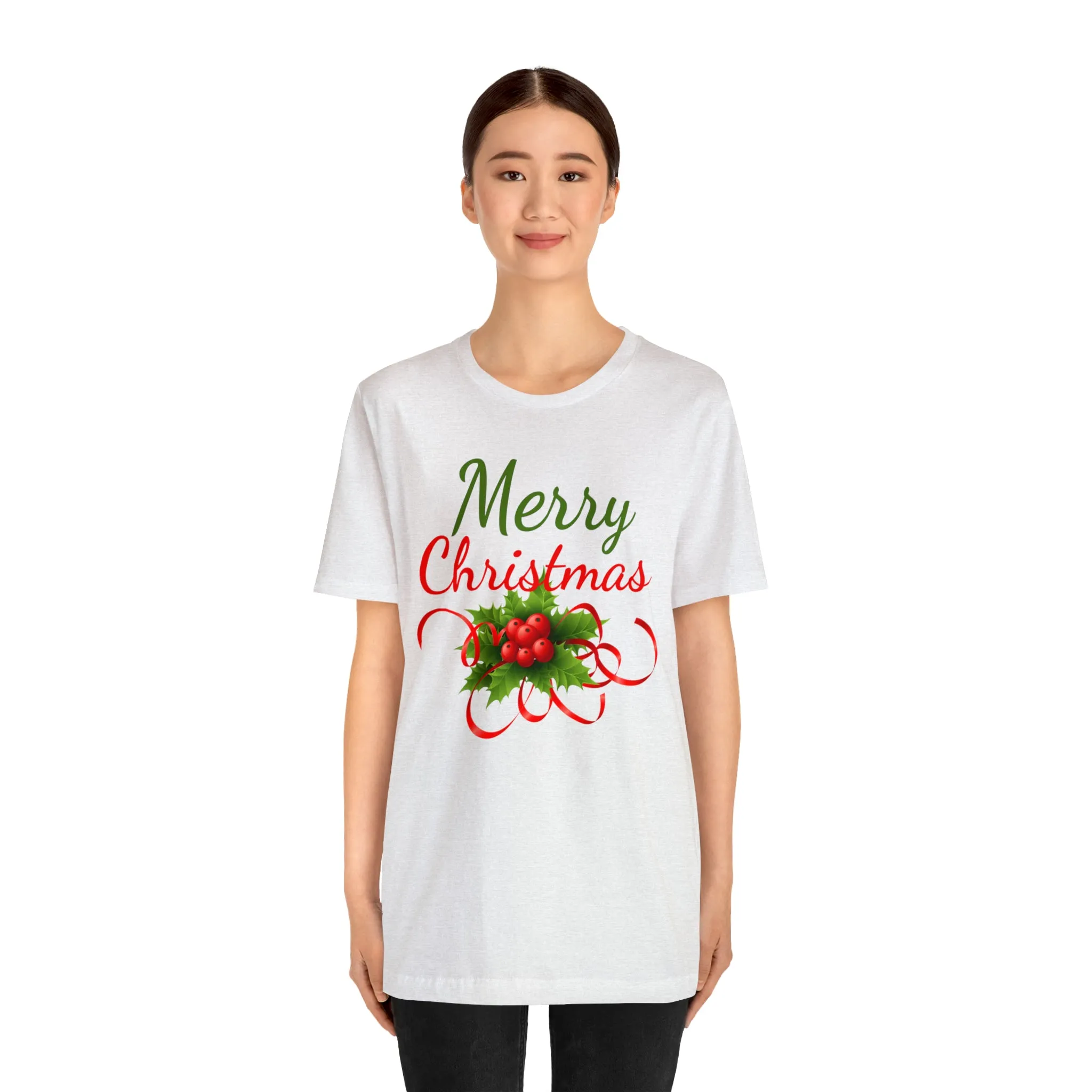 Merry Christmas Ribbon T-Shirt | Festive XMas Tee |  Bella Canvas 3001 Unisex | Happy Holidays Short Sleeve T-Shirt