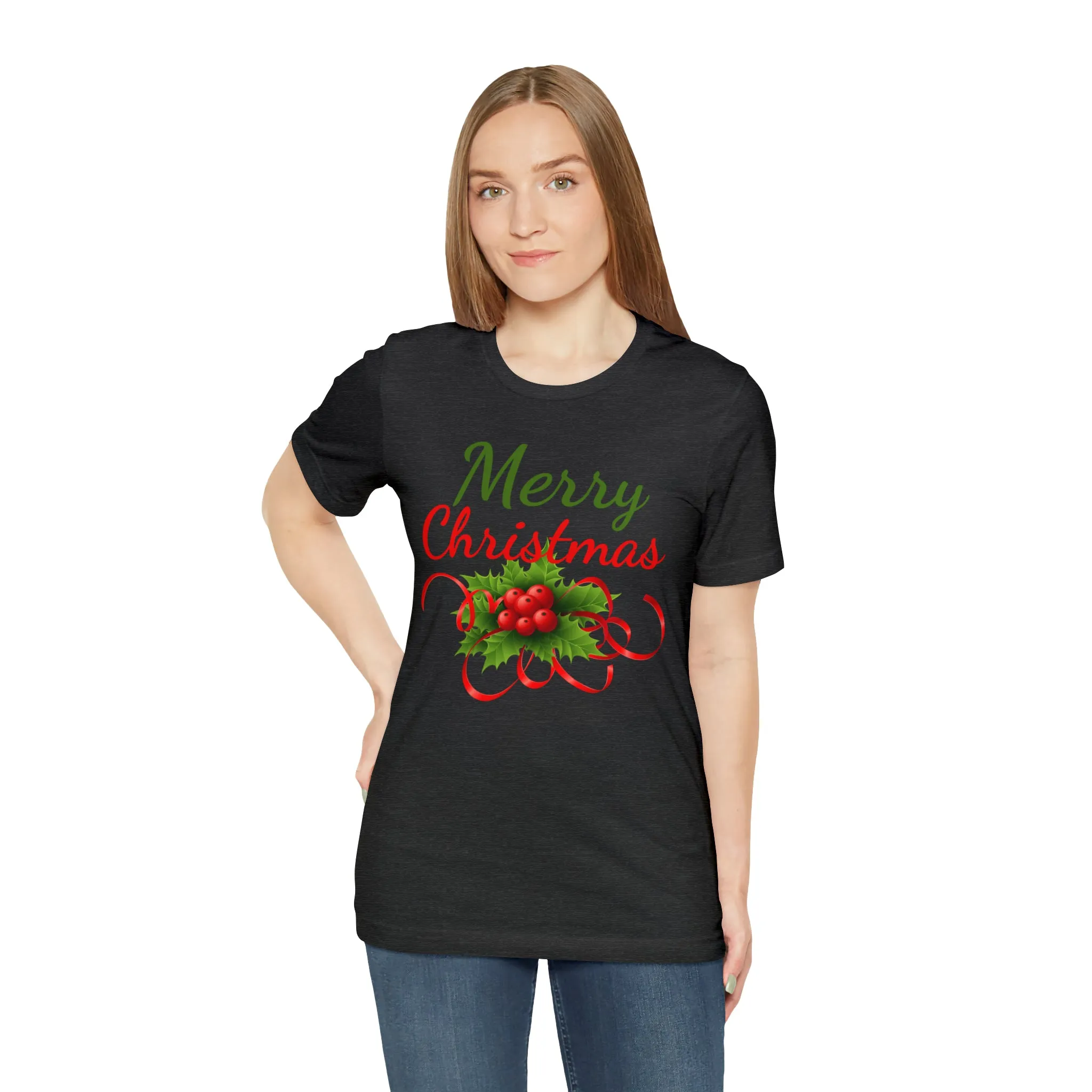 Merry Christmas Ribbon T-Shirt | Festive XMas Tee |  Bella Canvas 3001 Unisex | Happy Holidays Short Sleeve T-Shirt