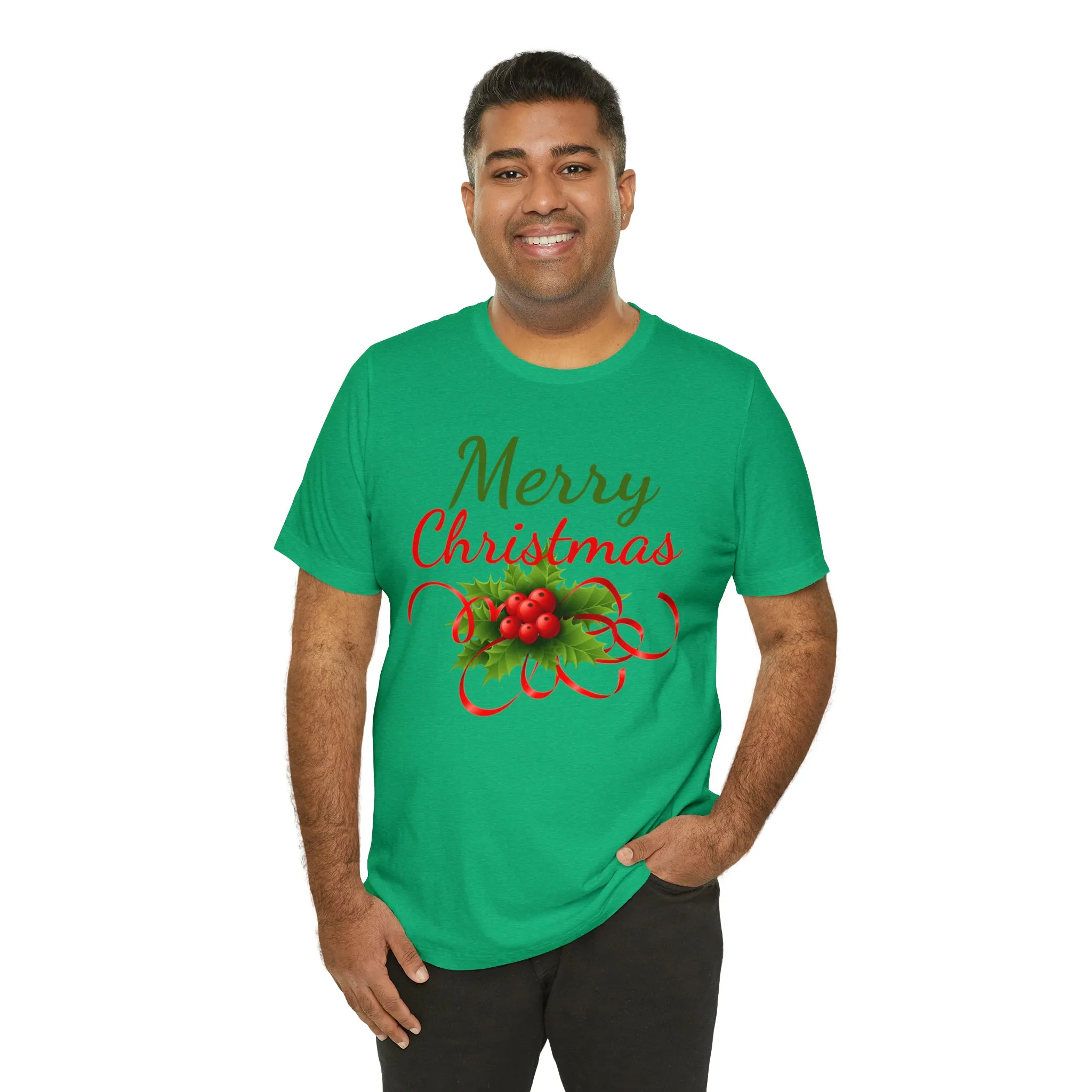 Merry Christmas Ribbon T-Shirt | Festive XMas Tee |  Bella Canvas 3001 Unisex | Happy Holidays Short Sleeve T-Shirt