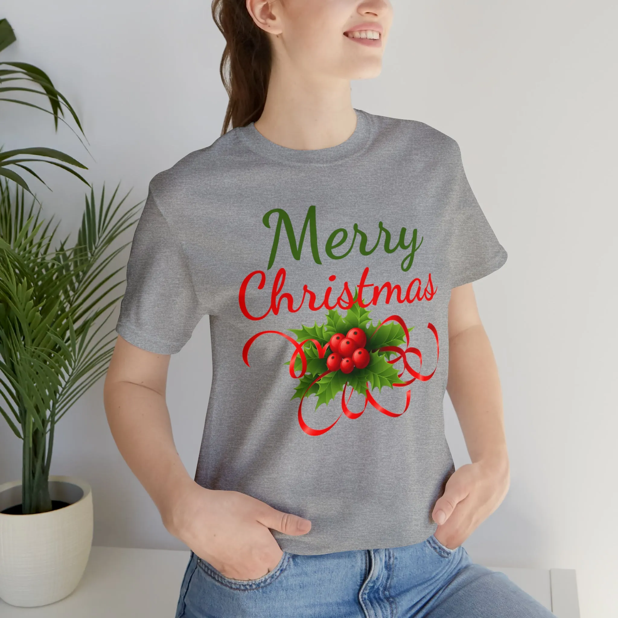 Merry Christmas Ribbon T-Shirt | Festive XMas Tee |  Bella Canvas 3001 Unisex | Happy Holidays Short Sleeve T-Shirt