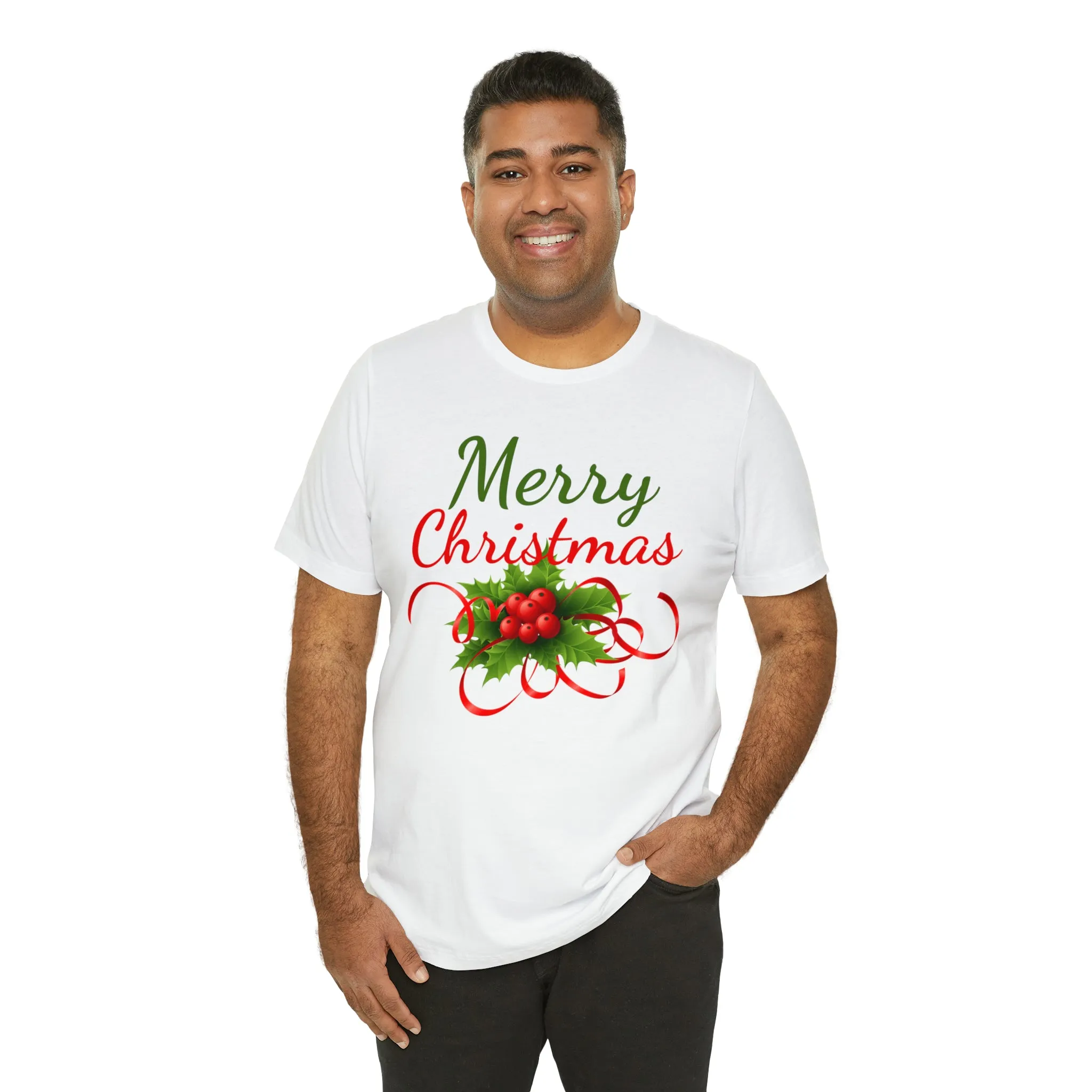 Merry Christmas Ribbon T-Shirt | Festive XMas Tee |  Bella Canvas 3001 Unisex | Happy Holidays Short Sleeve T-Shirt