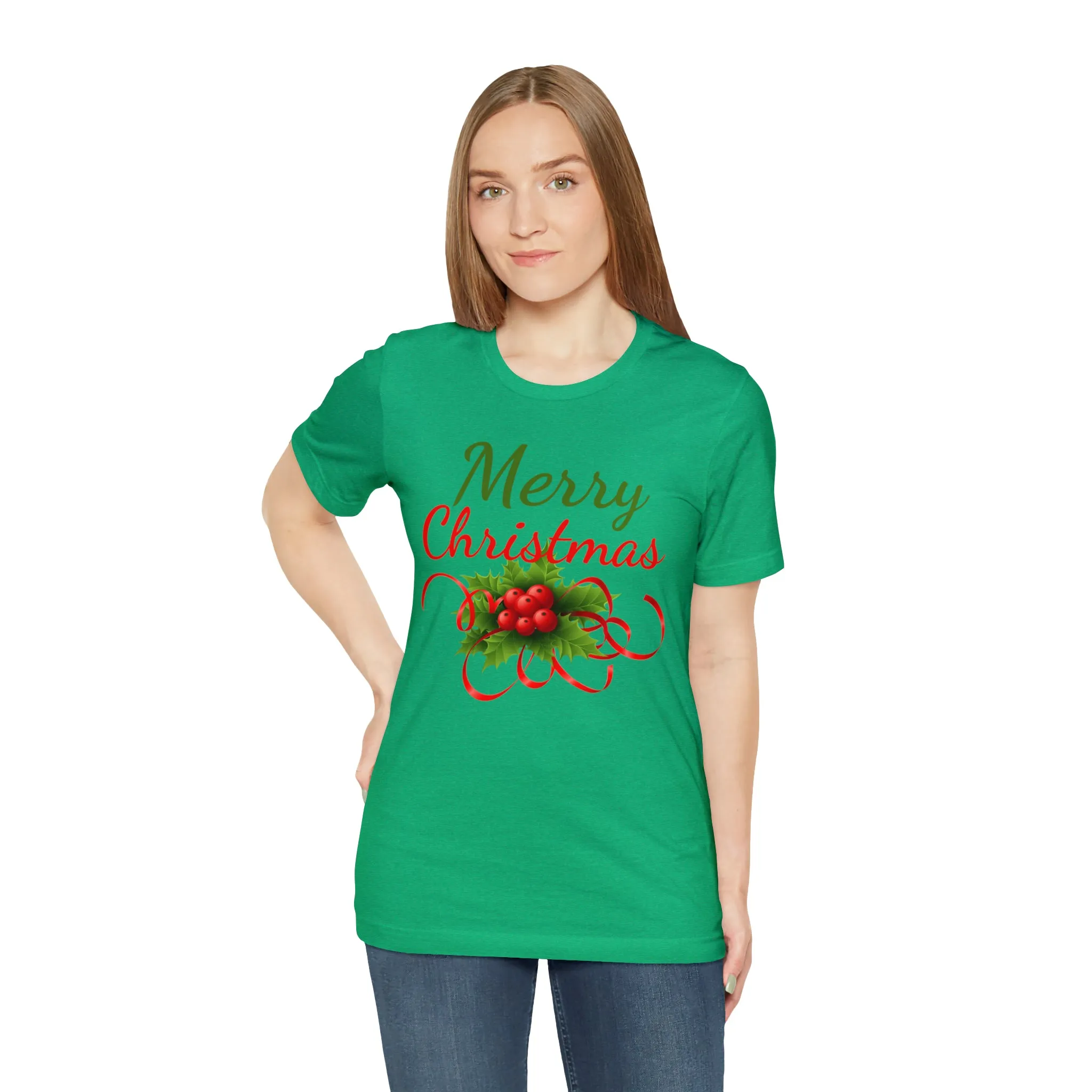 Merry Christmas Ribbon T-Shirt | Festive XMas Tee |  Bella Canvas 3001 Unisex | Happy Holidays Short Sleeve T-Shirt