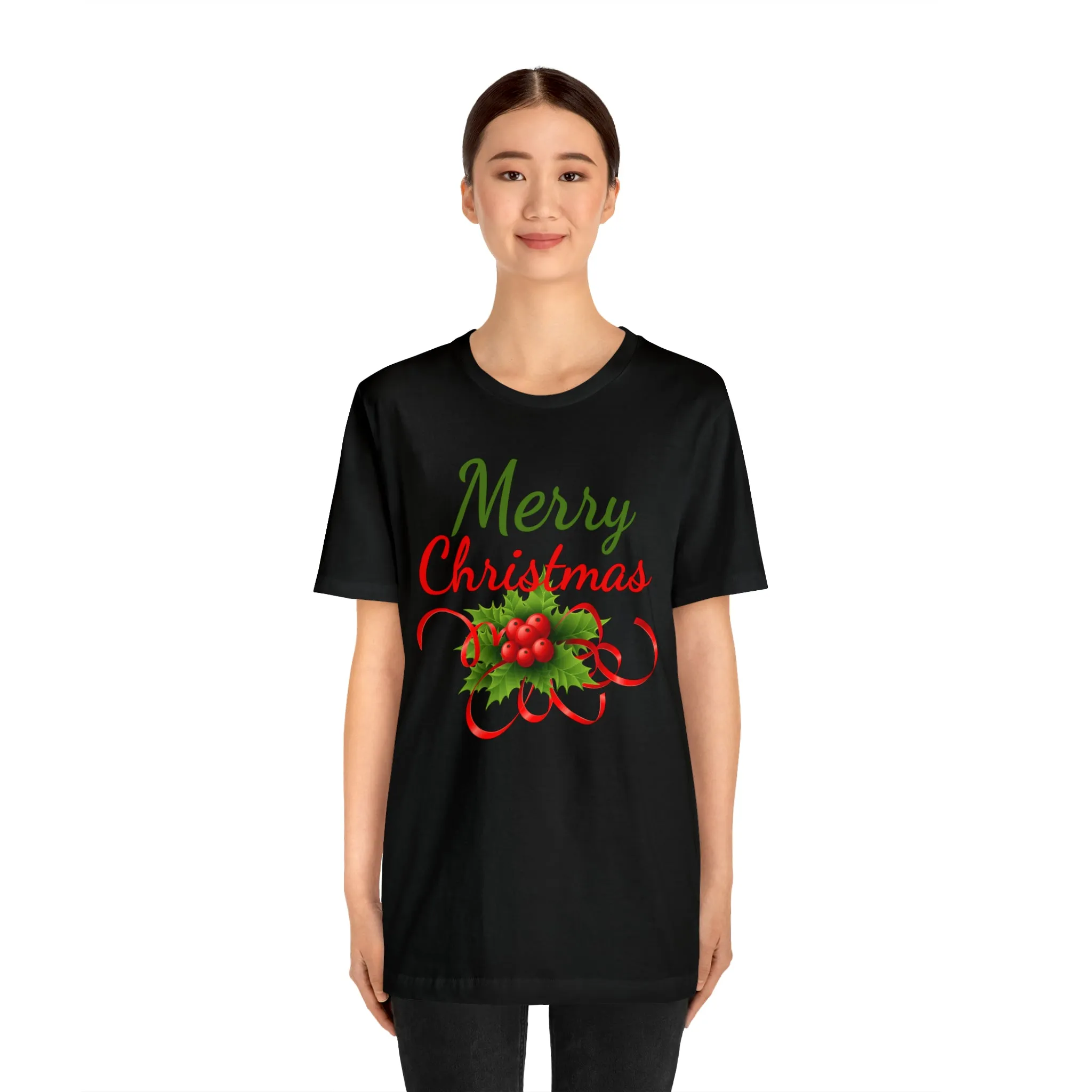 Merry Christmas Ribbon T-Shirt | Festive XMas Tee |  Bella Canvas 3001 Unisex | Happy Holidays Short Sleeve T-Shirt